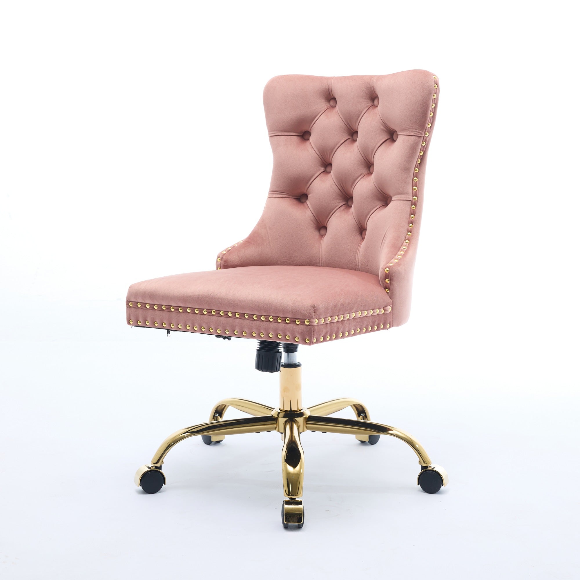 Home Office Chair Modern Velvet Upholstered Tufted Button Adjustable Swivel Golden Base - Pink