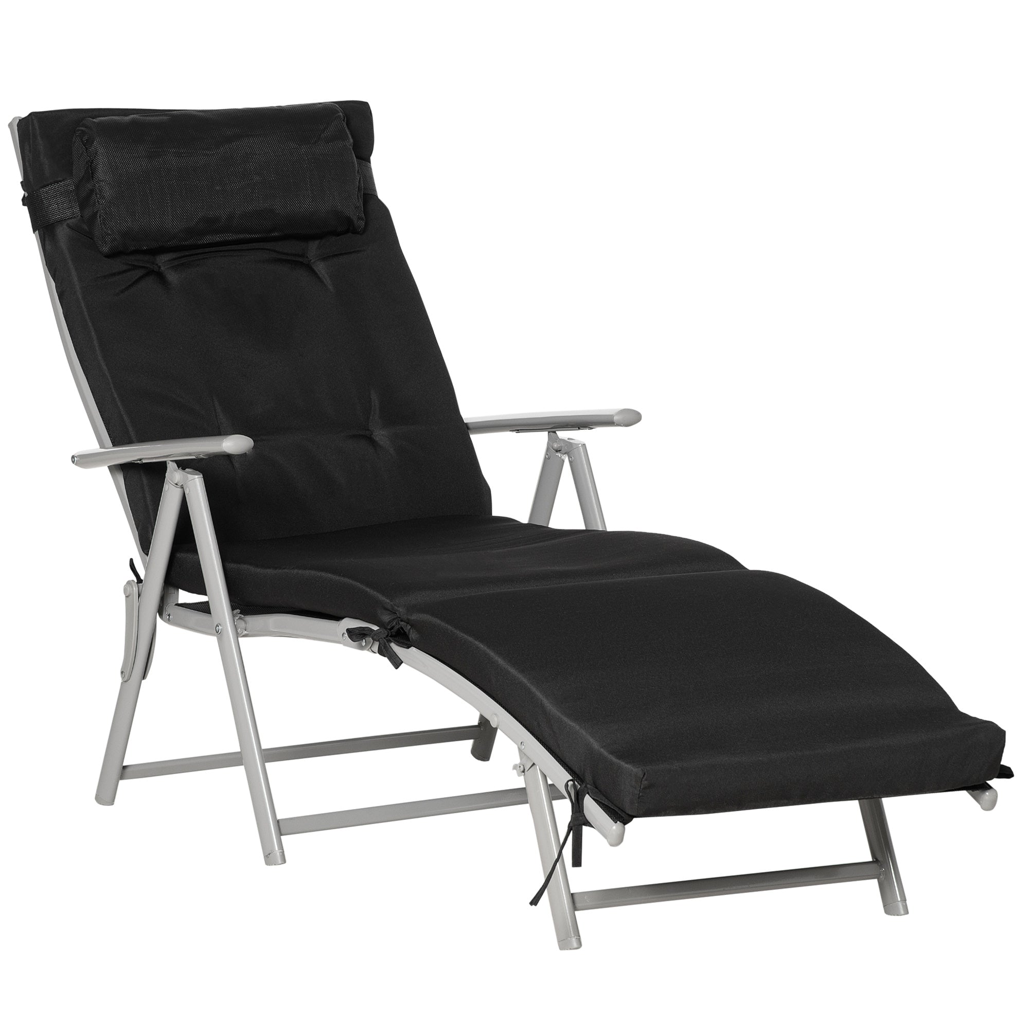 Foldable Beach Lounger, 7 Adjustable Positions Weather-Resistant Cushion, Black Texteline/Metal