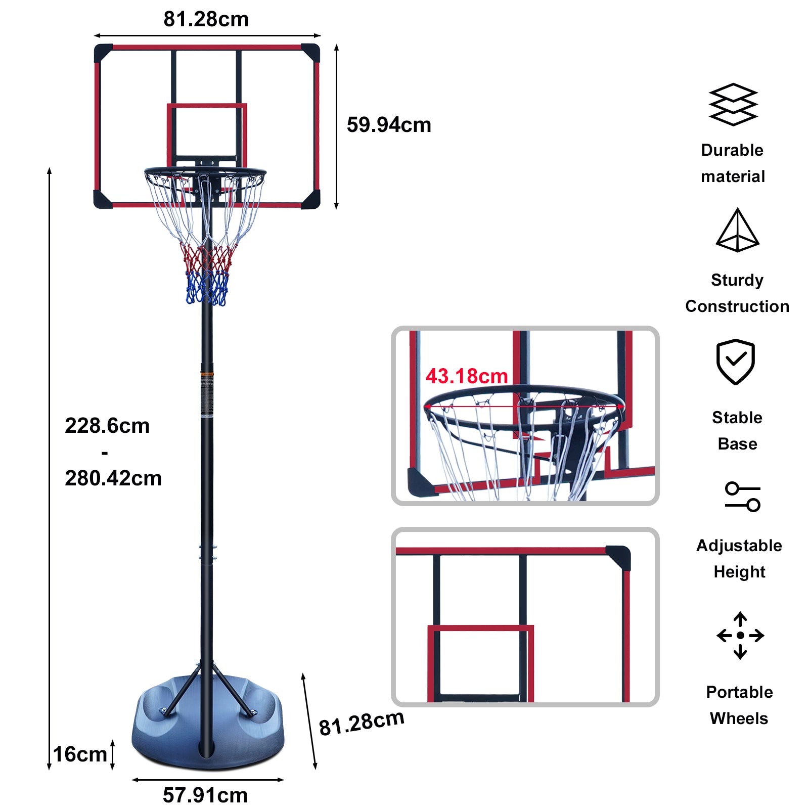 Outdoor Basketball Hoop with Height Adjustable Stand and Shock-Absorbing Basket, Red Silk-Screen Design