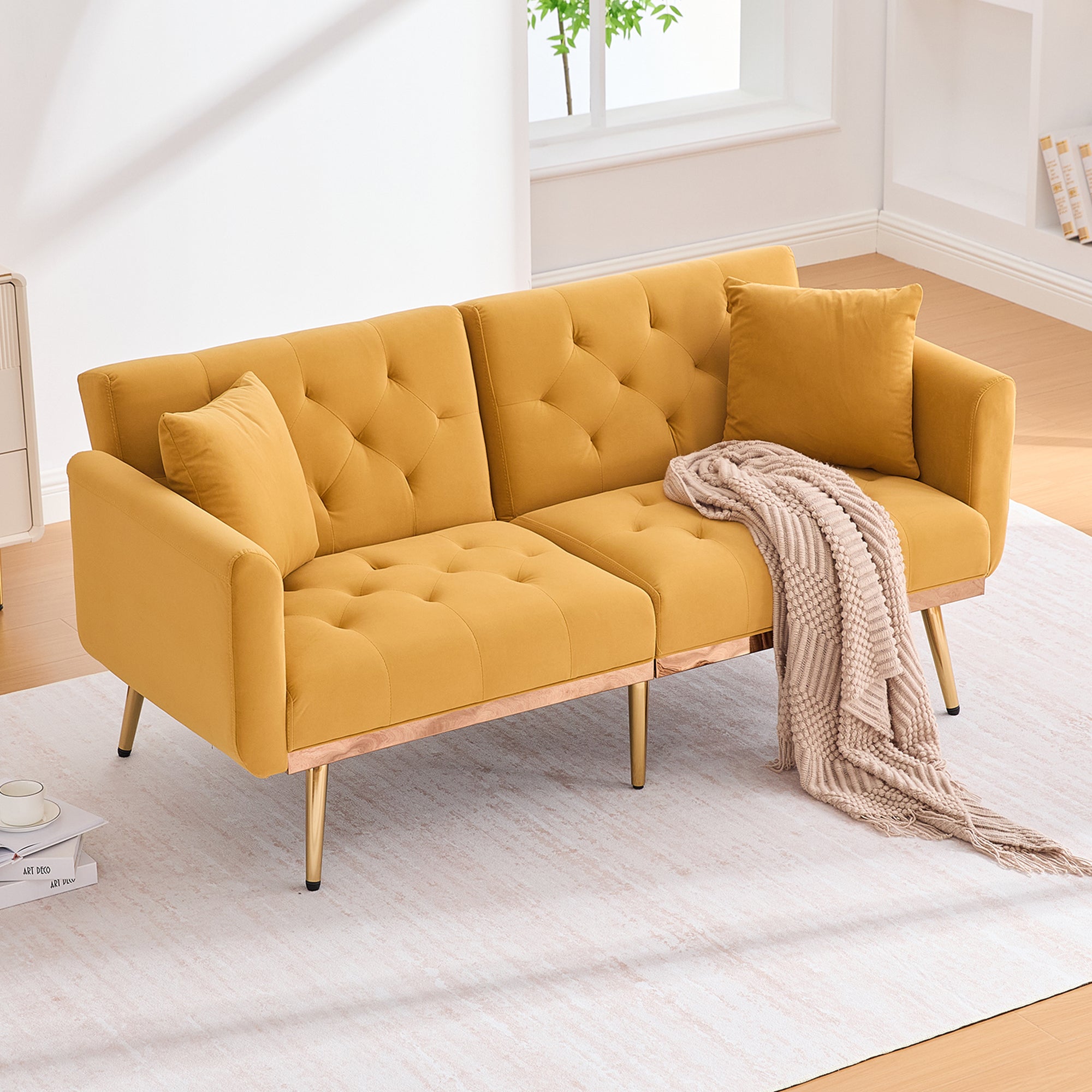 Double Sofa, Modern Velvet with Adjustable Backrest, Mustard Yellow