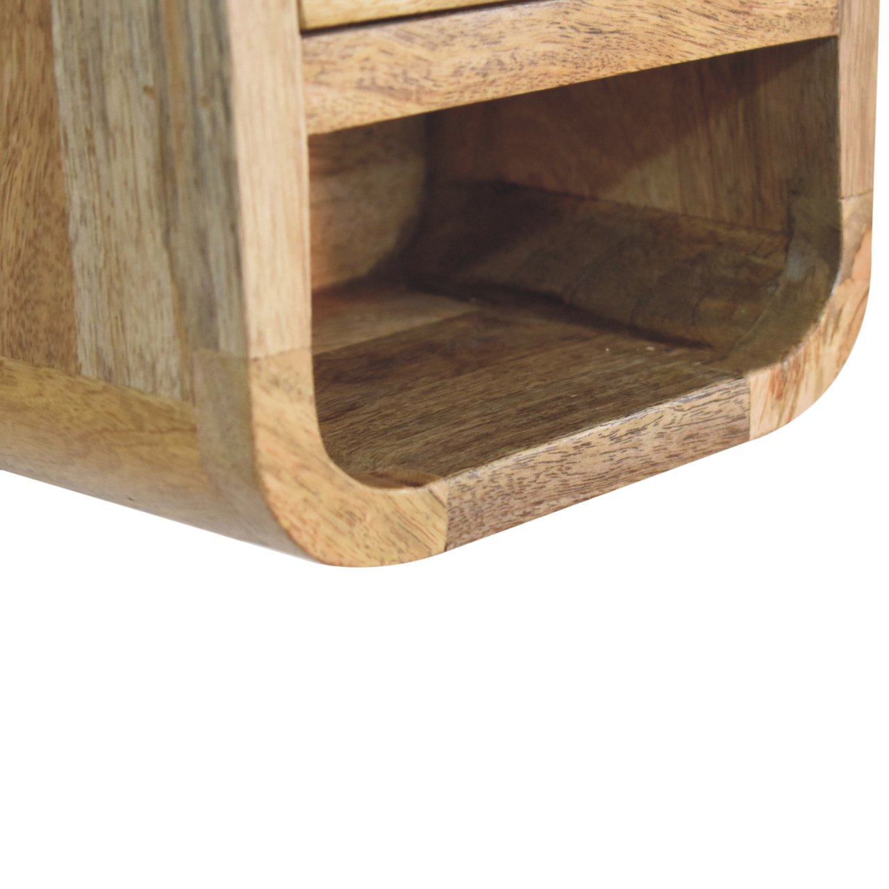 Bedside Cabinet - Extra Mini Curved with Open Slot, Drawer, and Shelf - Solid Wood Brown