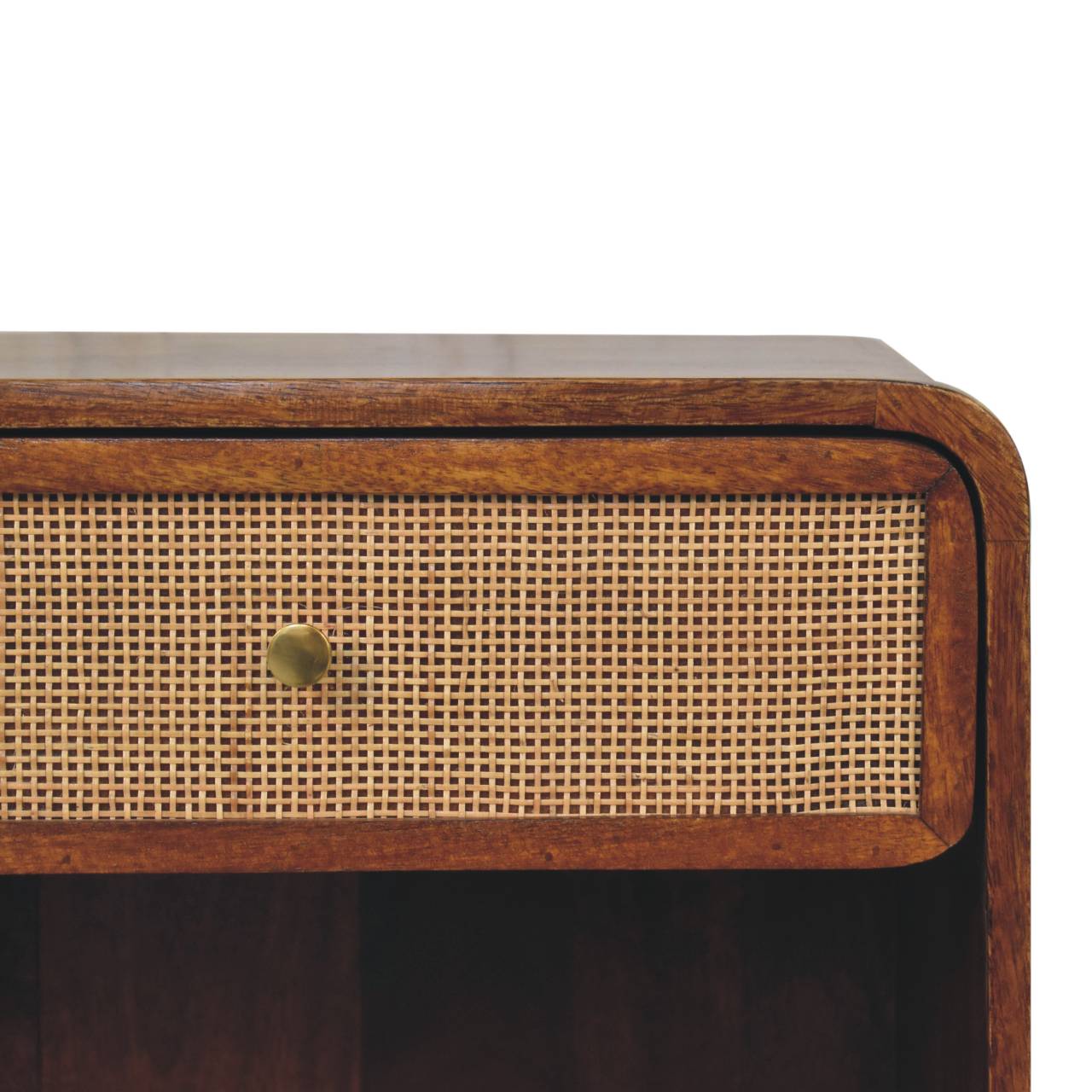 Solid Wood Bedside, Open Woven 1 Drawer, Dark Brown Chestnut