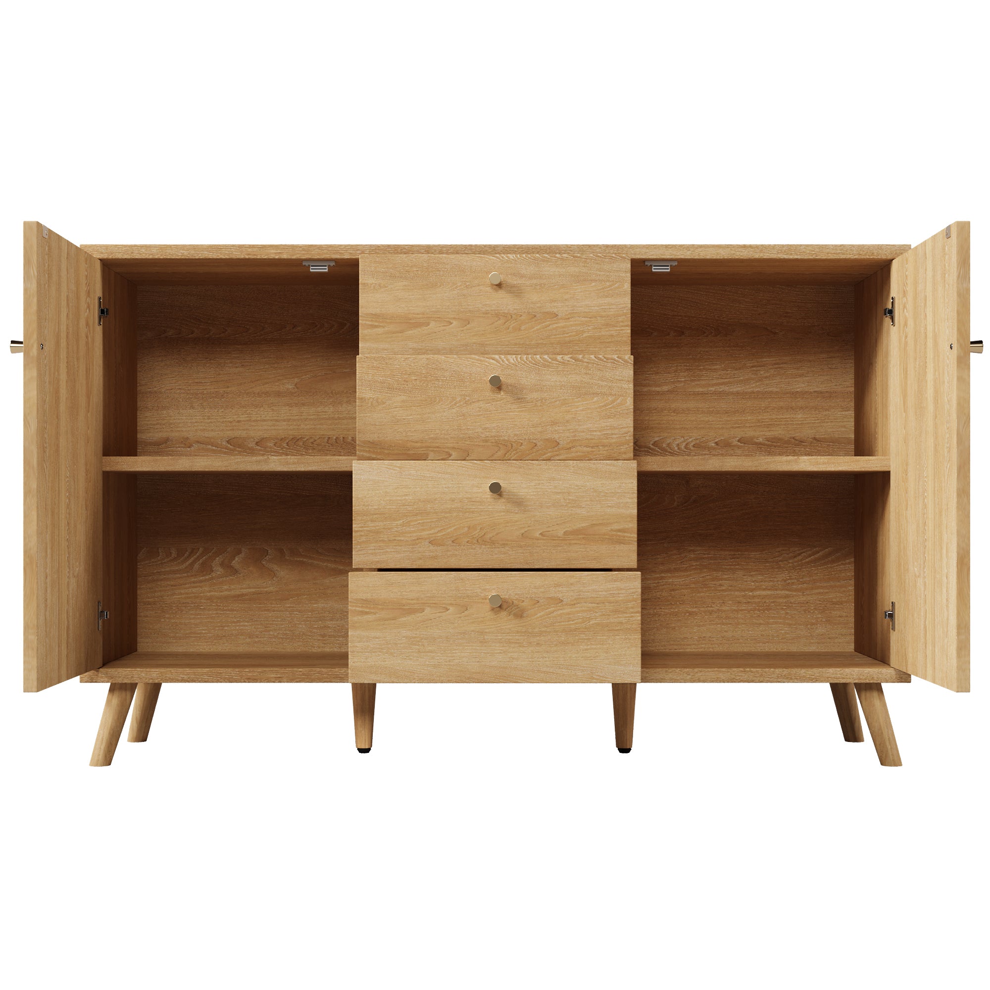 Sideboard Rattan Look Storage Cabinet 4 Drawers 2 Doors - Light Oak