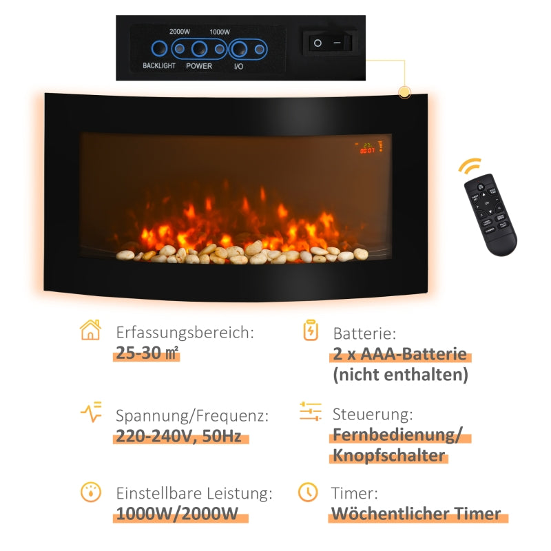 Electric Fireplace Wall-Mounted Heater LED 7 Flame Colors Remote - Black