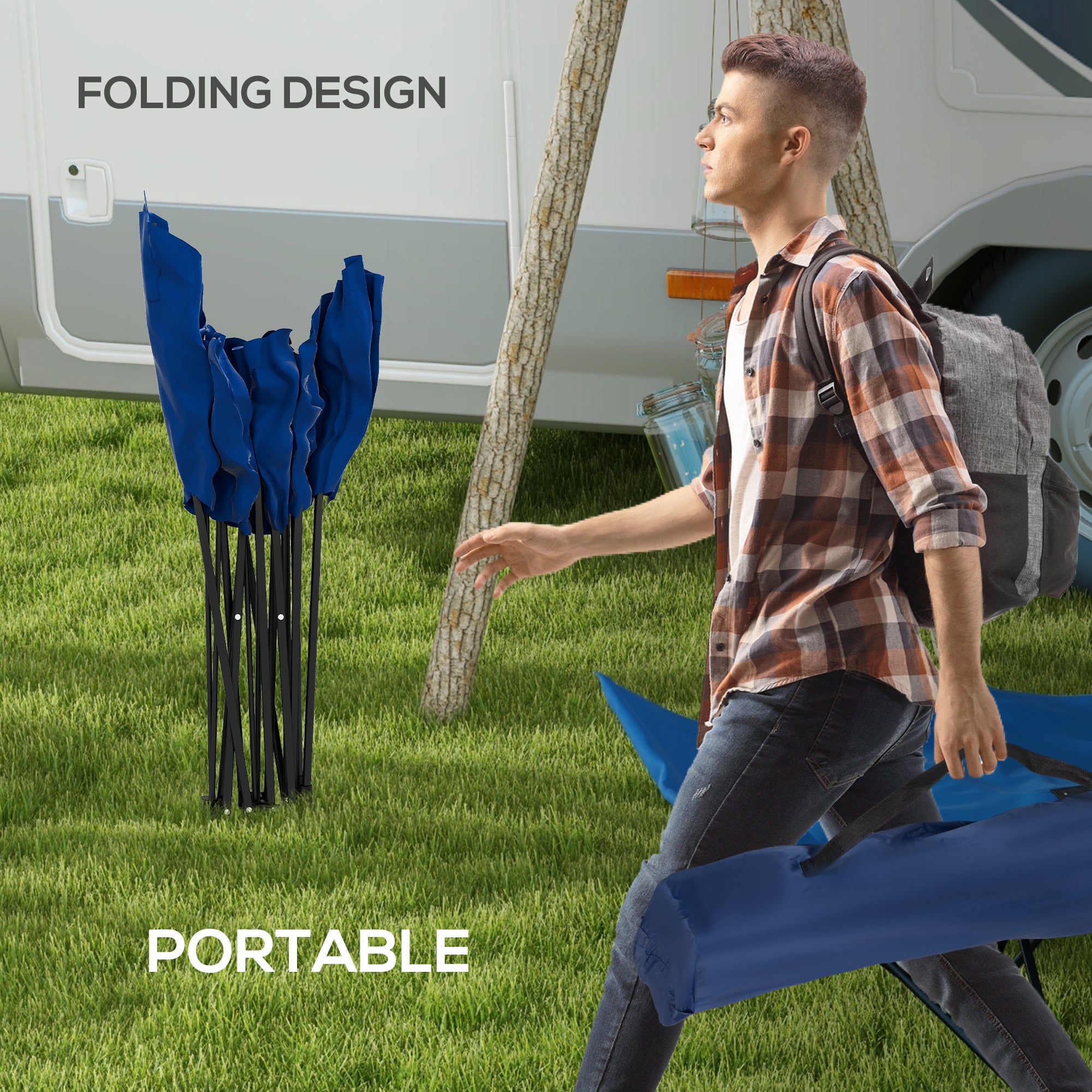 Camping Bed Single Folding Cot w/ Side Pocket, Headrest, Oxford Seat Dark Blue