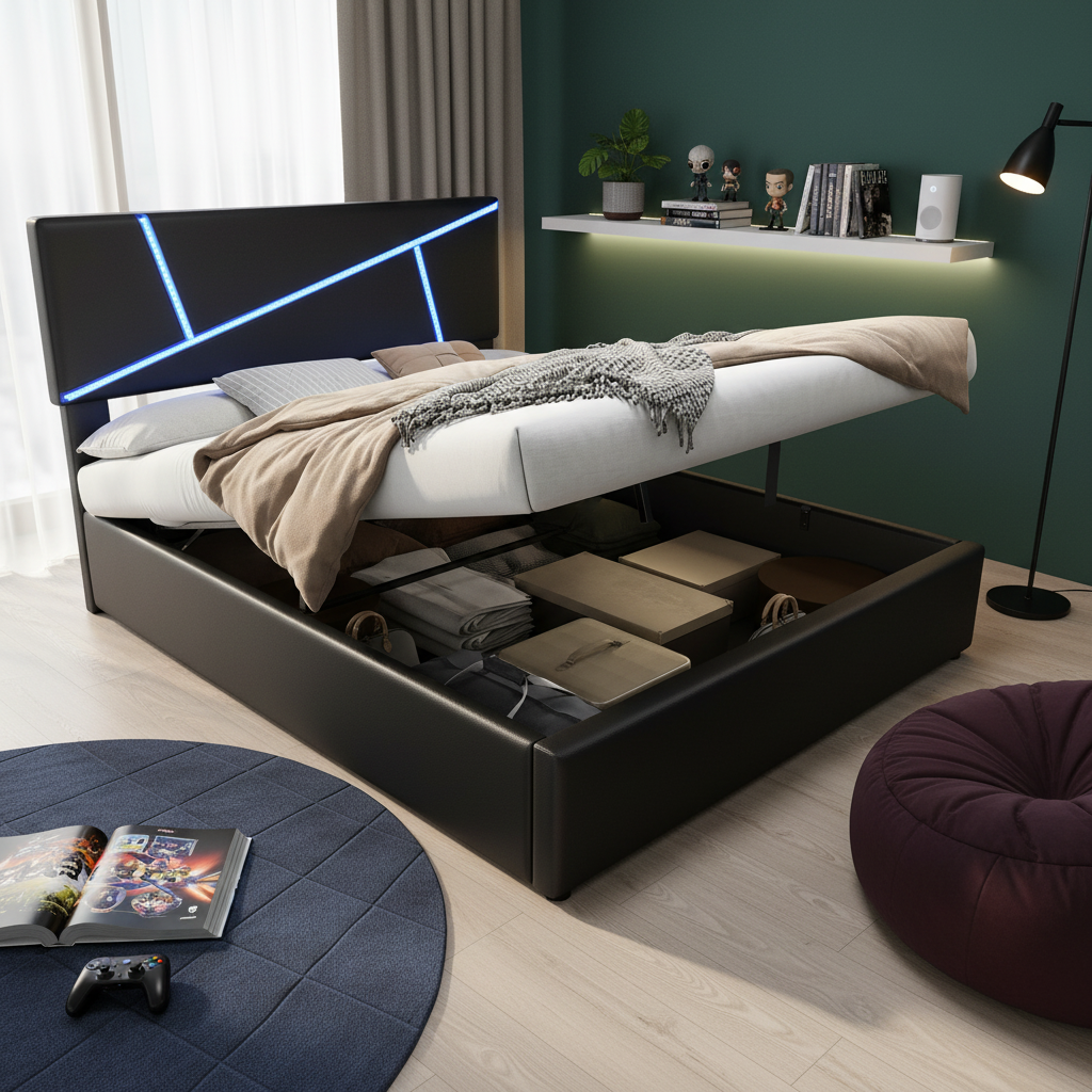 Upholstered Bed 90x200cm Hydraulic Storage LED - Black Synthetic Leather