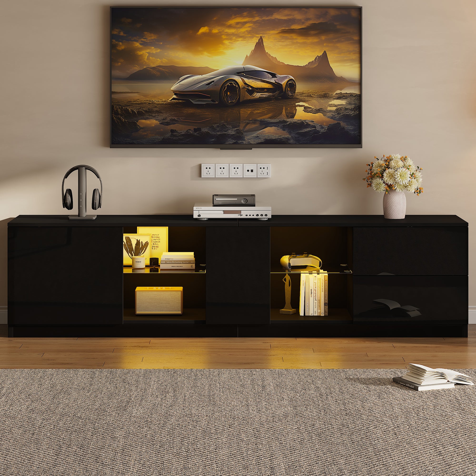 TV Stand, 160x40x52cm LED Lighting for 65" TVs, High-Gloss Black