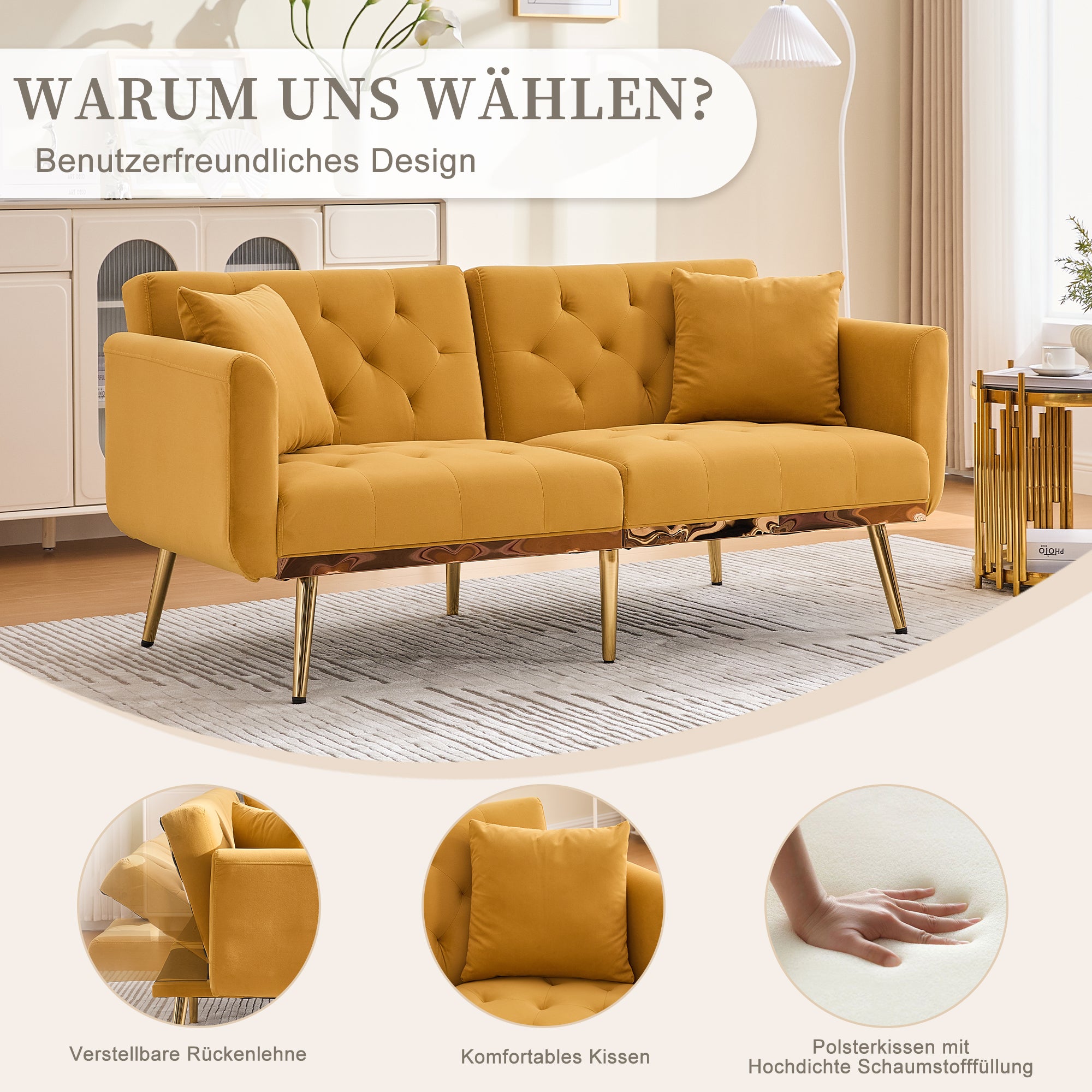 Double Sofa, Modern Velvet with Adjustable Backrest, Mustard Yellow