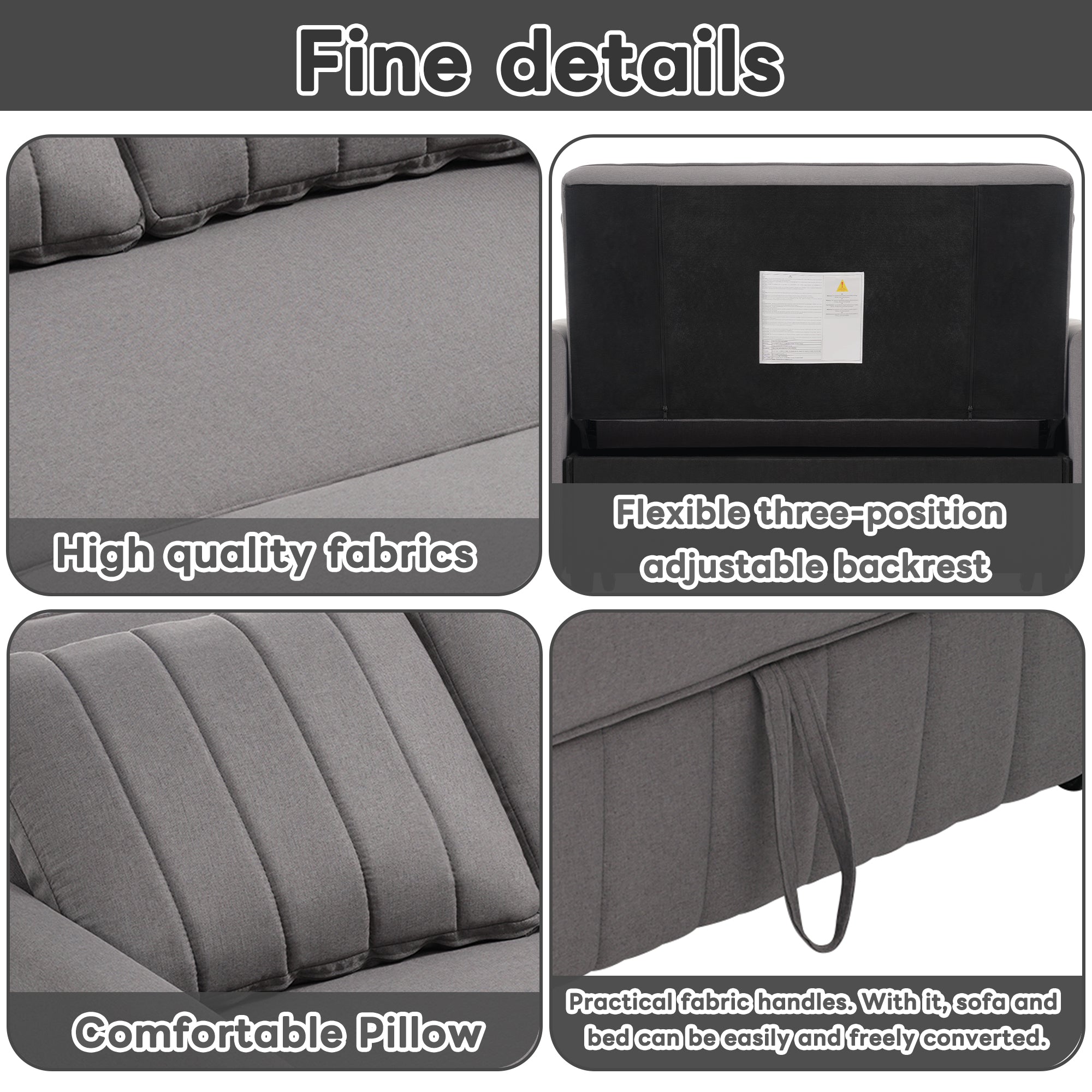 Multifunctional Folding Sofa Bed, Adjustable Backrest 180 x 127 cm, Dark Gray Linen Fabric