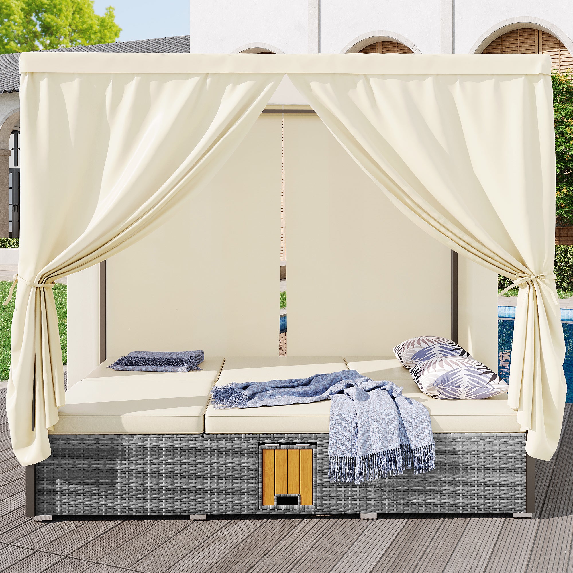 Rattan Garden Lounger Double Bed with Shade Curtain, Foldable & Table - Cream-White