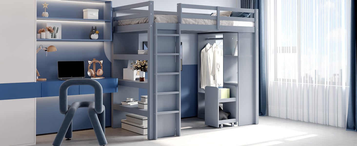 Children's Loft Bed with Shelves, Organizer, Storage, Grey