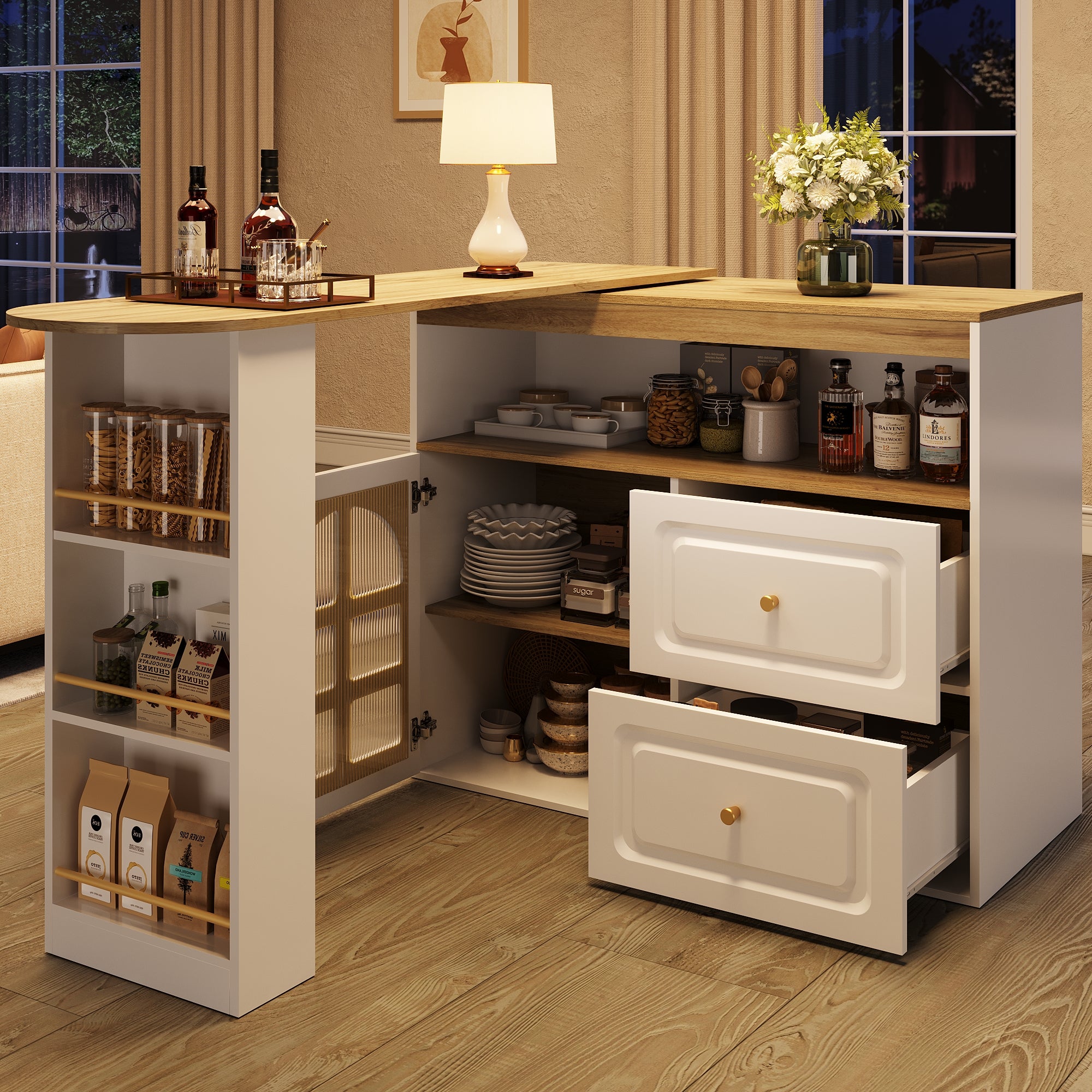 Rotating Dining Bar Sideboard 360° Swivel with 2 Drawers Snack Shelf Curved Glass White