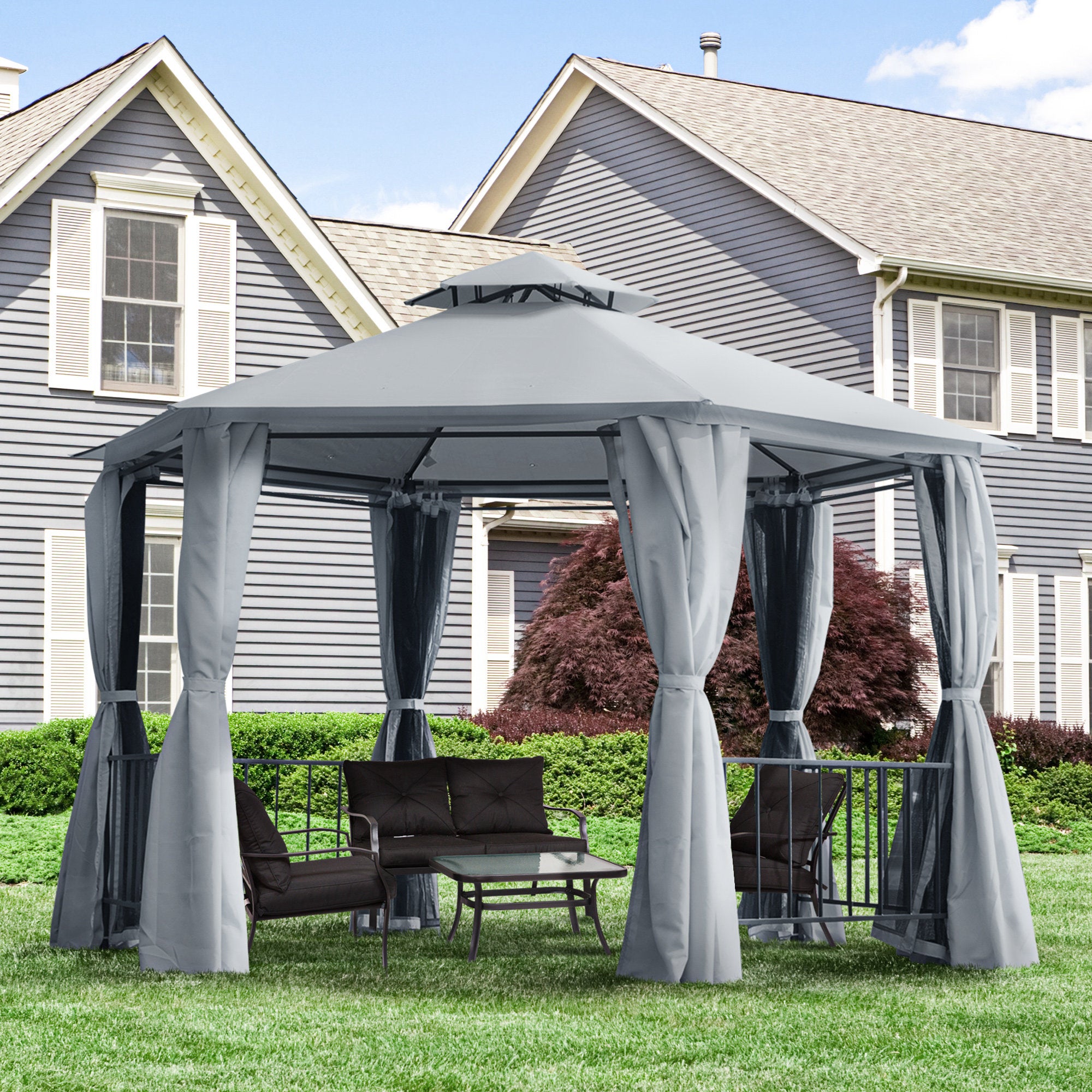Hexagon Gazebo Patio Tent 3x3m w/ 2 Tier Roof & Side Panel - Grey