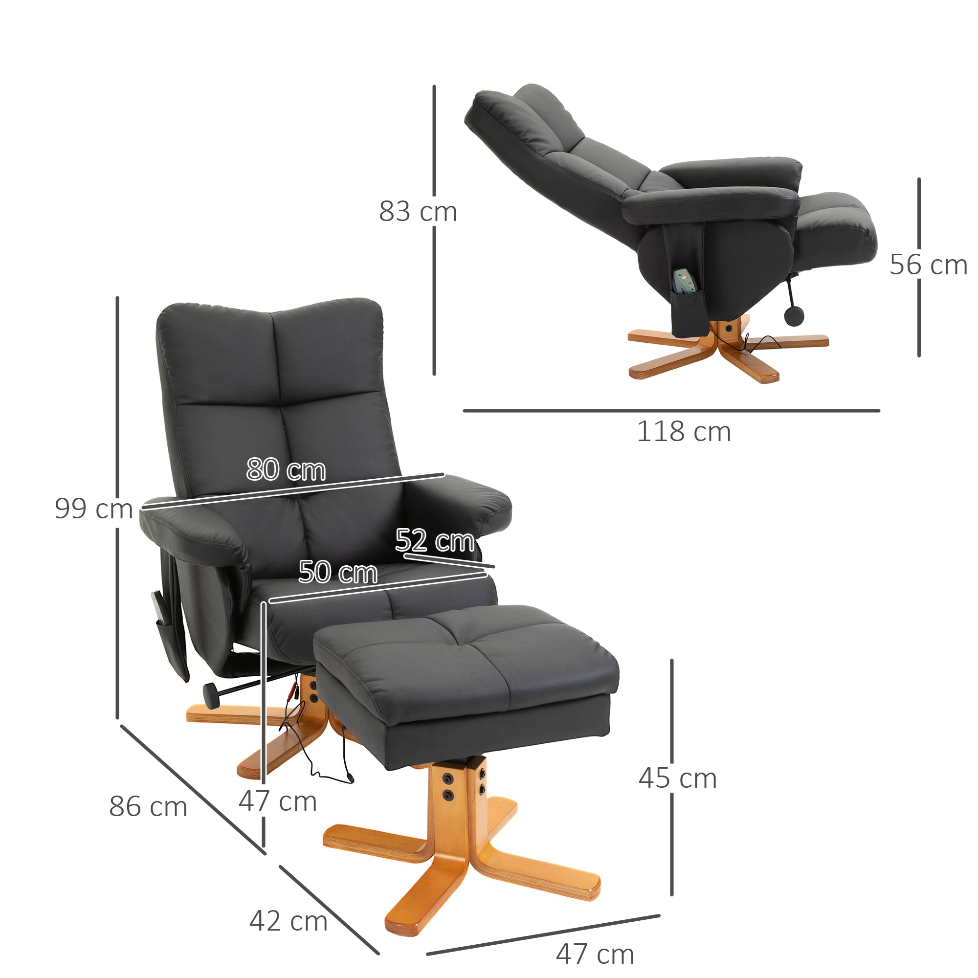 Reclining Massage Chair with Footrest Storage 145° TV Function, Polyester Black