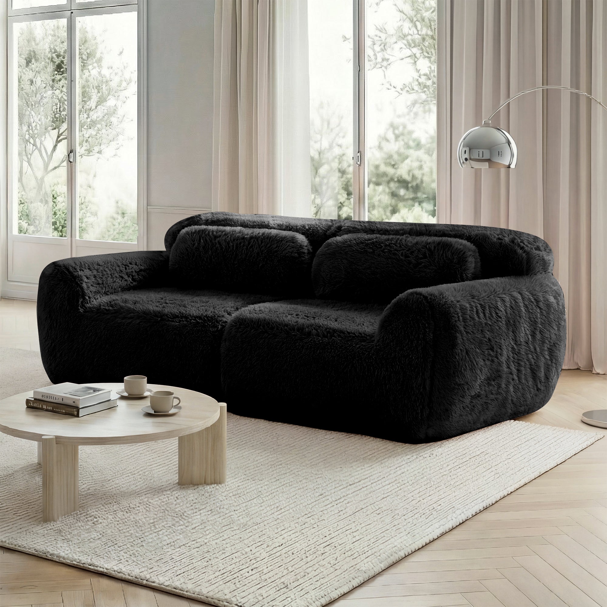 2-seater Sofa, Frameless Modular Design, High-Resilience Foam, Plush Fabric Black