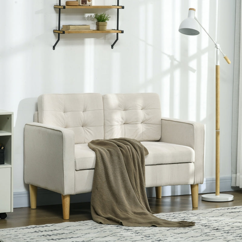 Modern Loveseat Sofa, 2 Seater with Hidden Storage, Tufted Cotton, Cream White