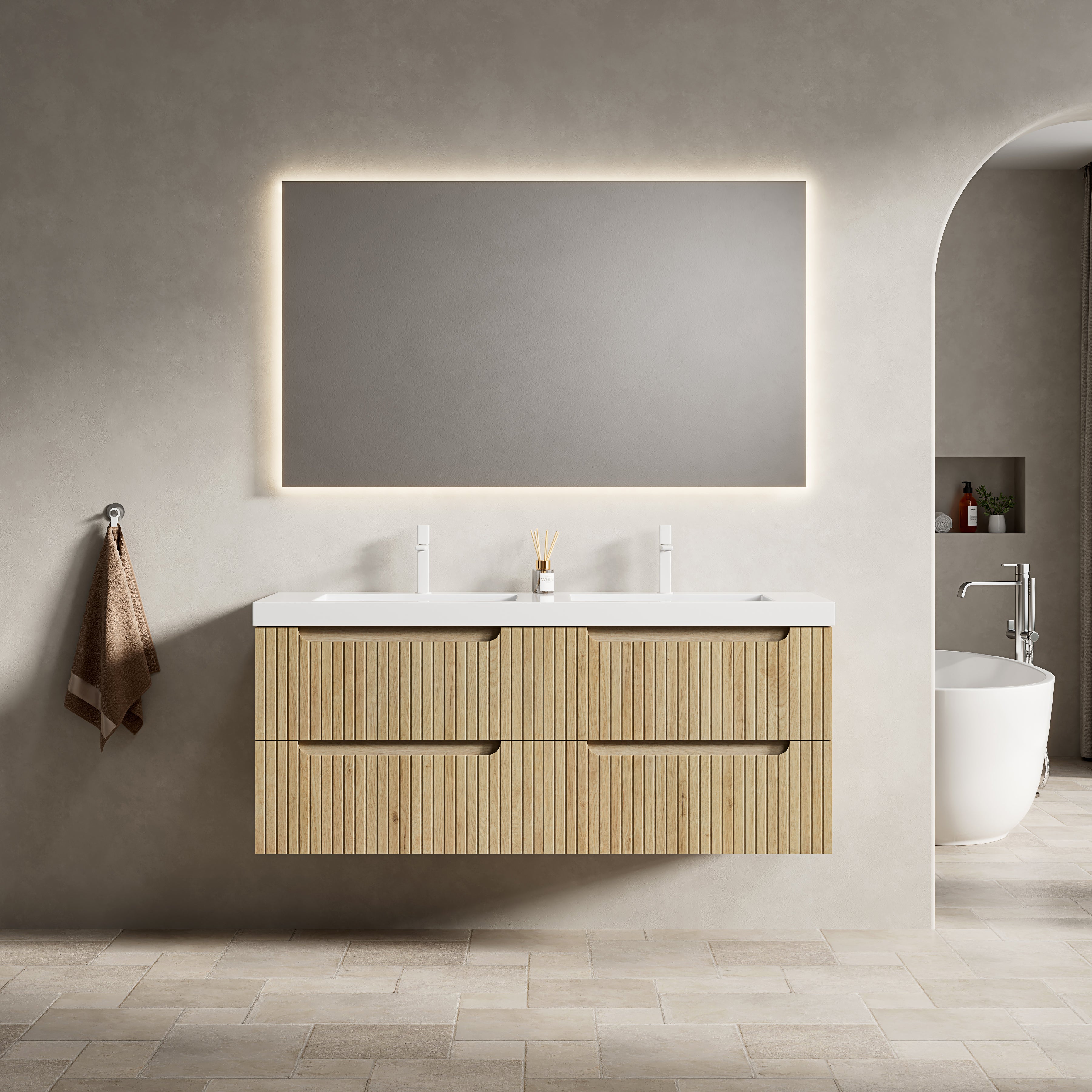Floating Bathroom Vanity Unit with 2 Undermount Sinks and 4 Drawers, White Oak Wood Grain