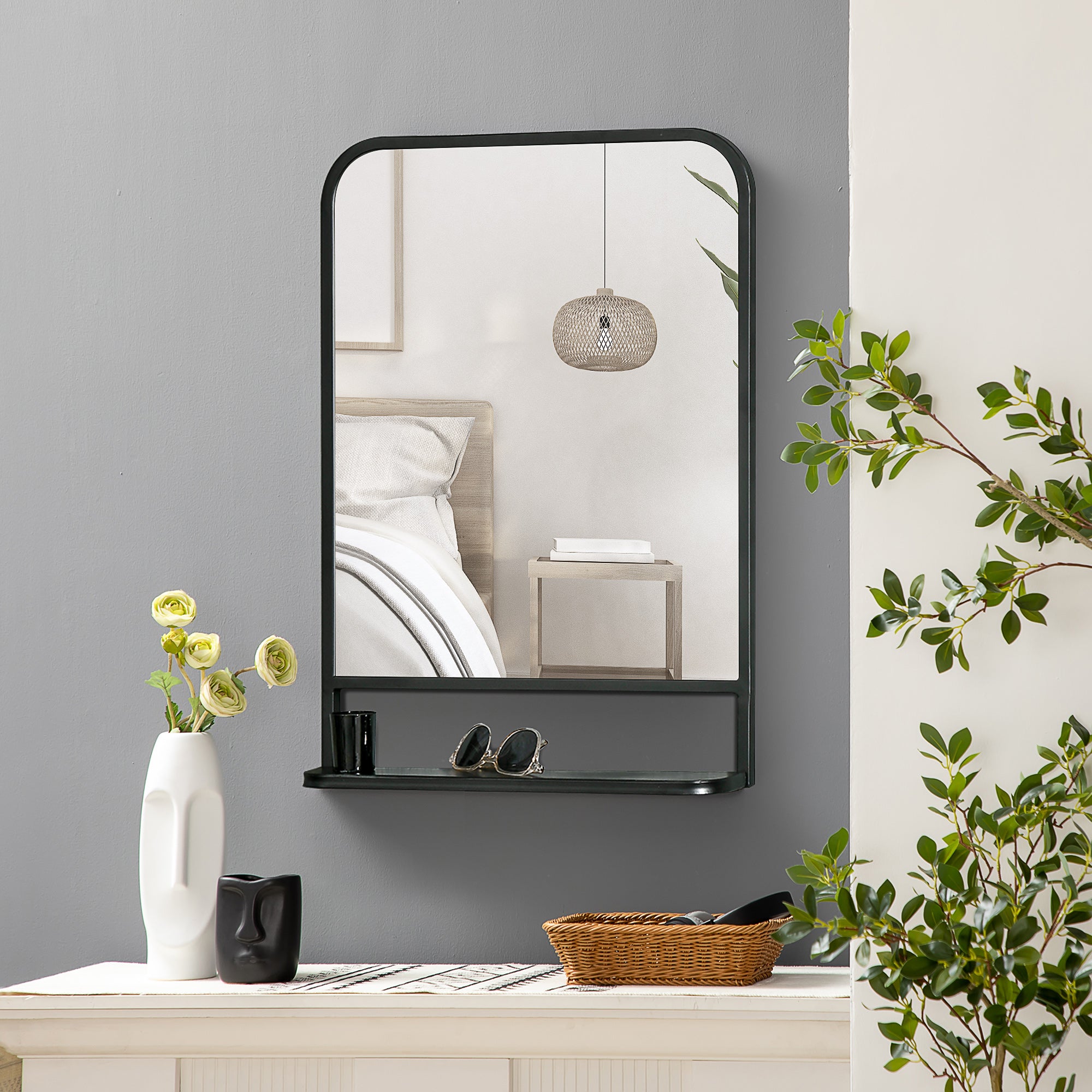 Wall Mirror with Shelf 70x50cm Modern Rectangular, Black