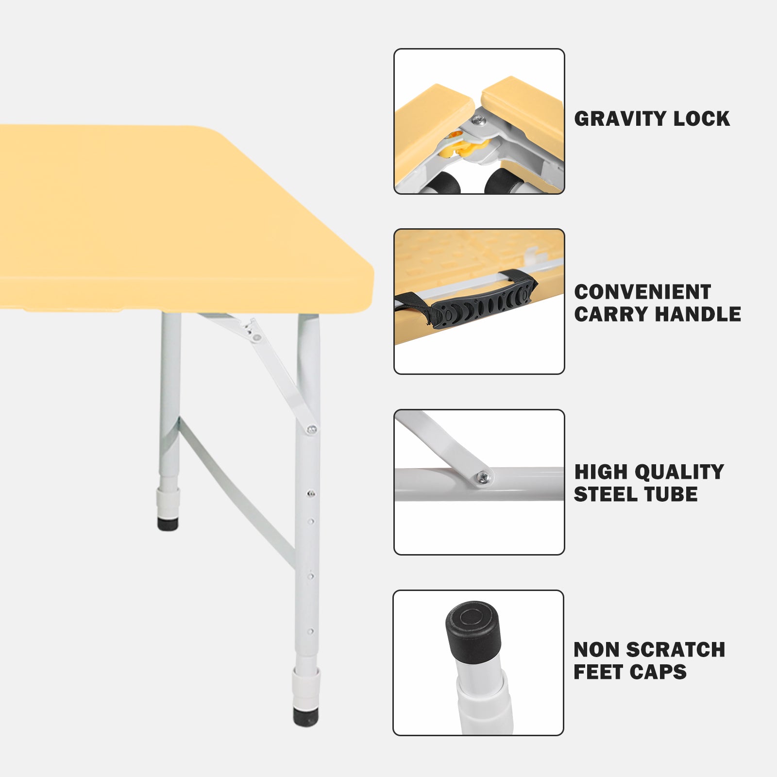 Portable Heavy Duty Folding Table, Adjustable Height, Multi-Functional, Light Yellow
