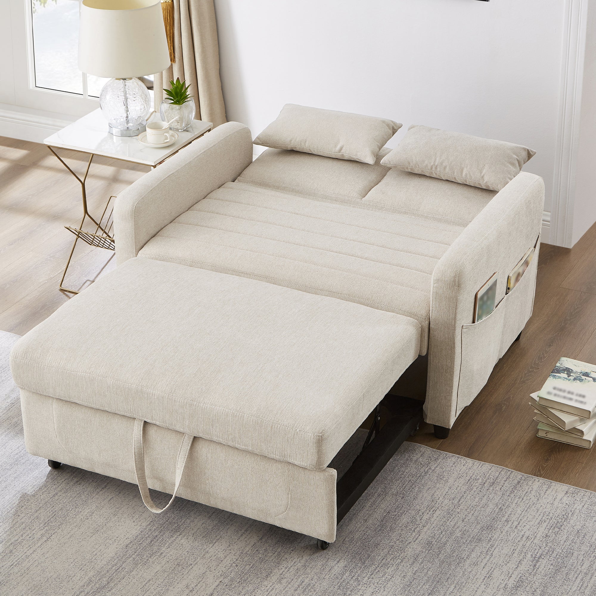 Sofa Bed, Two-seater Folding Extendable with Adjustable Backrest, Cotton Linen Fabric