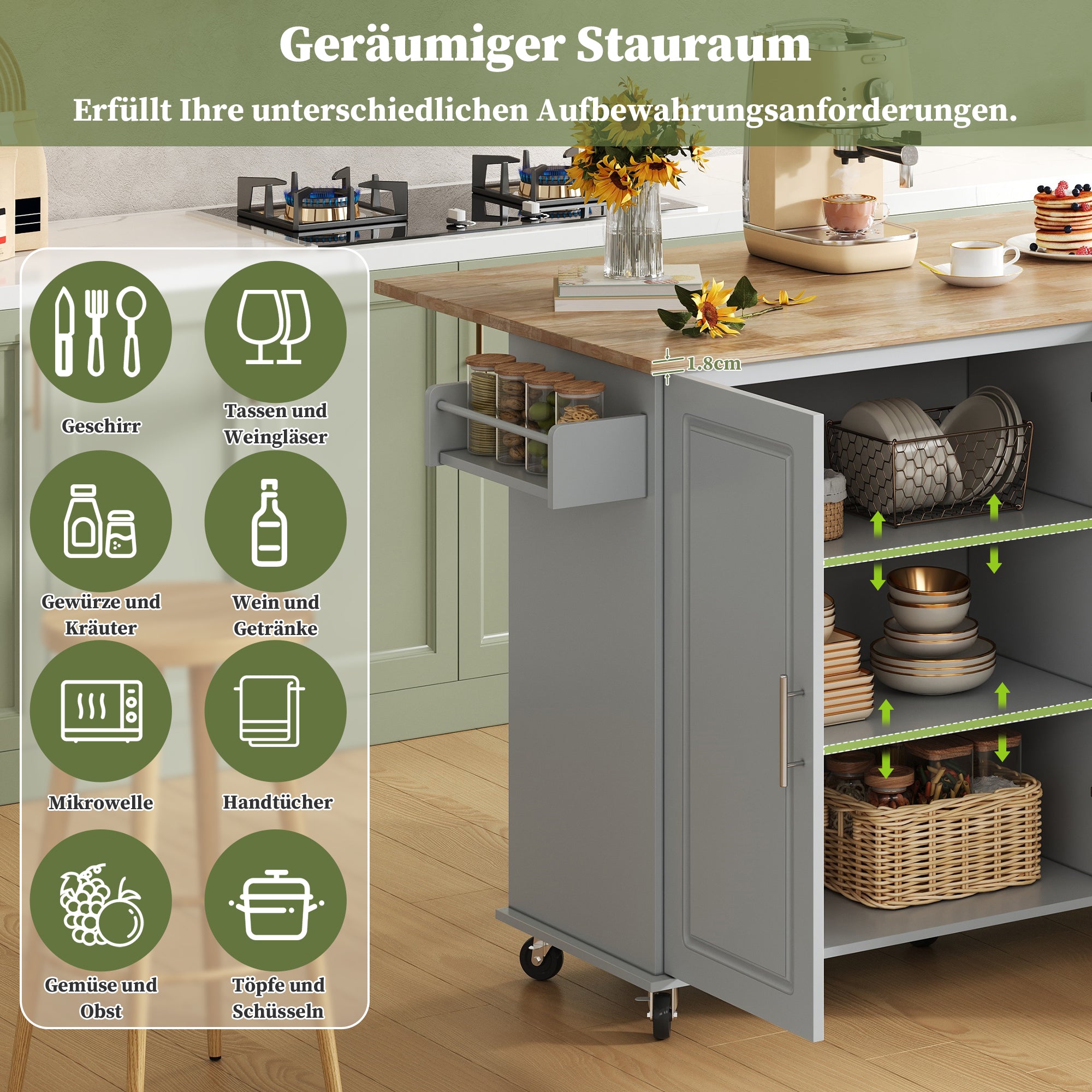 Mobile Kitchen Table with Foldable Design and 3 Drawers, Oak Worktop