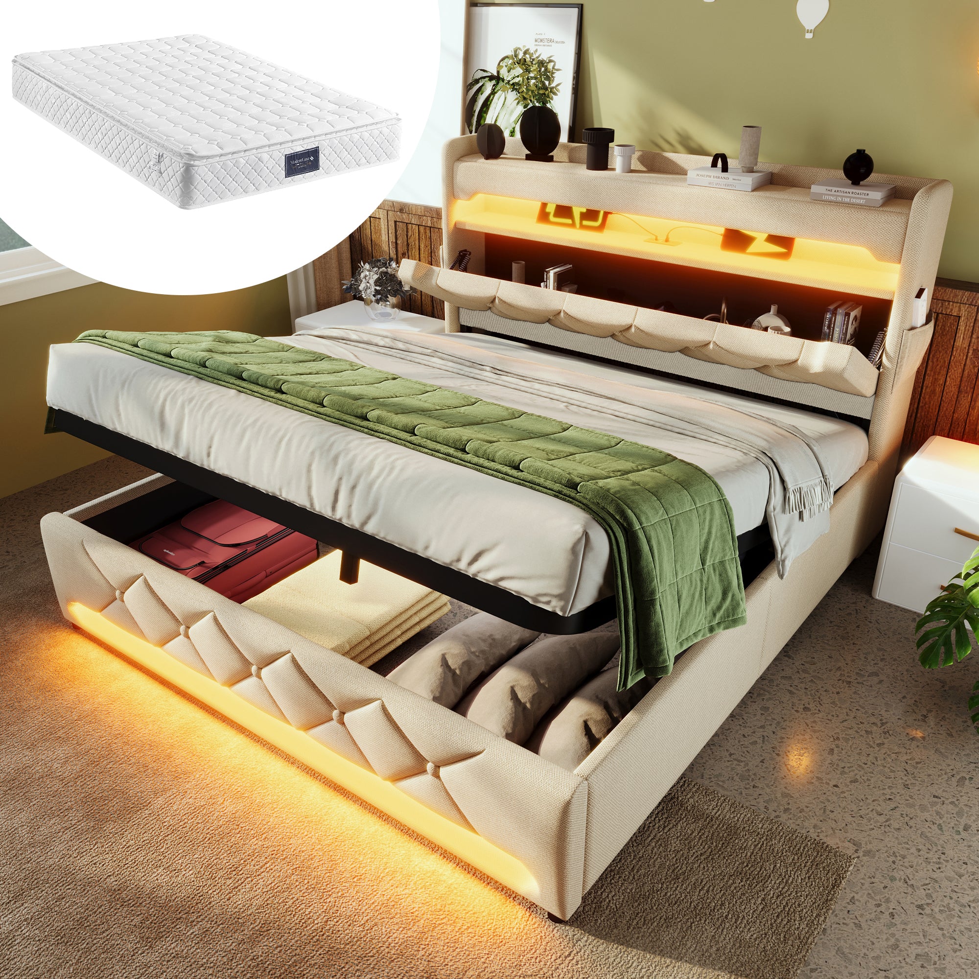 Upholstered Double Bed 160x200, Storage Headboard with USB/Type C & 360 LED, Hydraulic Lift, Beige Linen