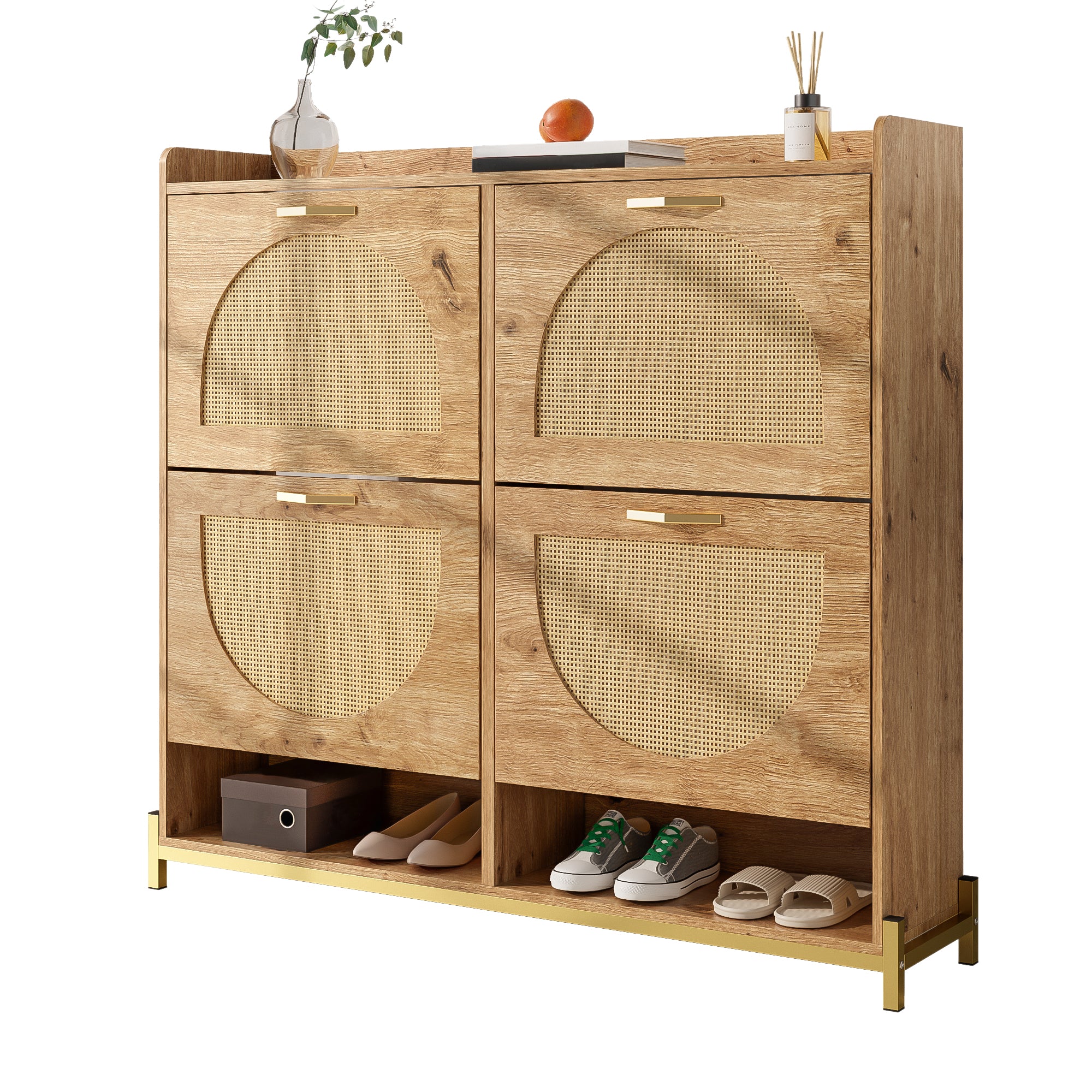 Elegant Shoe Cabinet 4 Doors Metal Frame Top Shelf Wooden Rattan