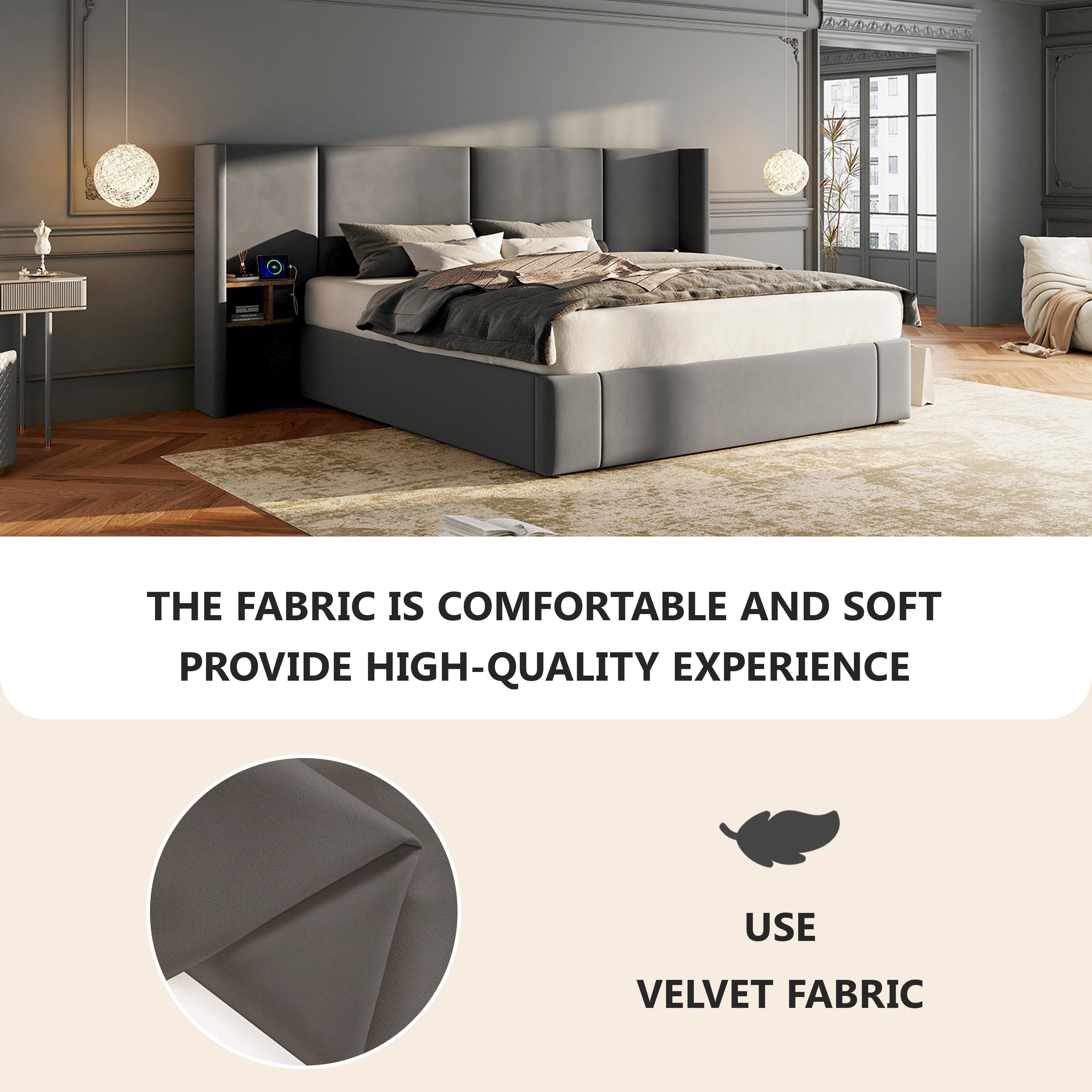 Upholstered Super King Size Bed 6ft (180*200cm) with Ottoman Lift Up, USB Connection, Sockets, and Two Bedside Tables, Velvet, Grey