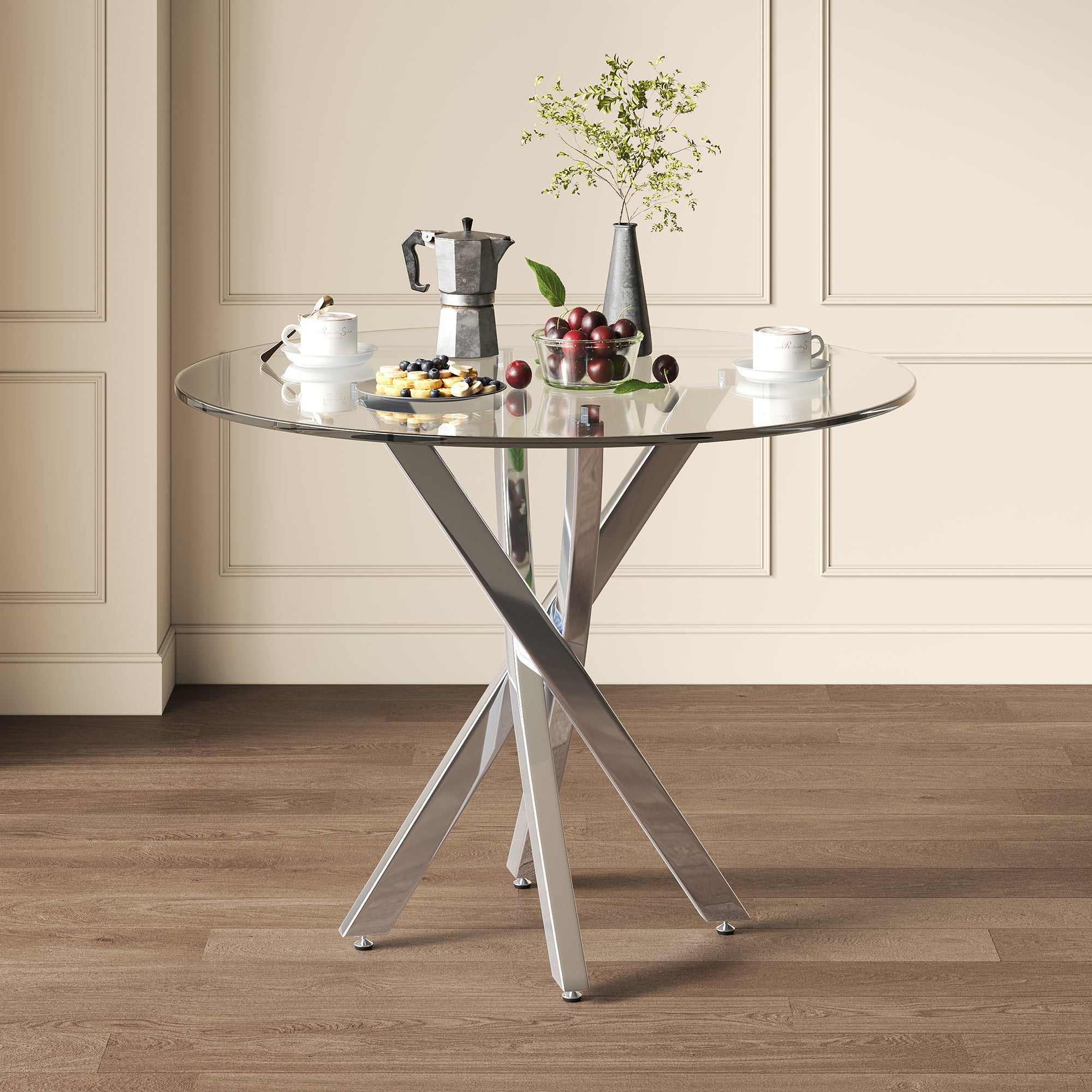 Round Dining Table, Tempered Glass Top, Galvanized Legs, Silver