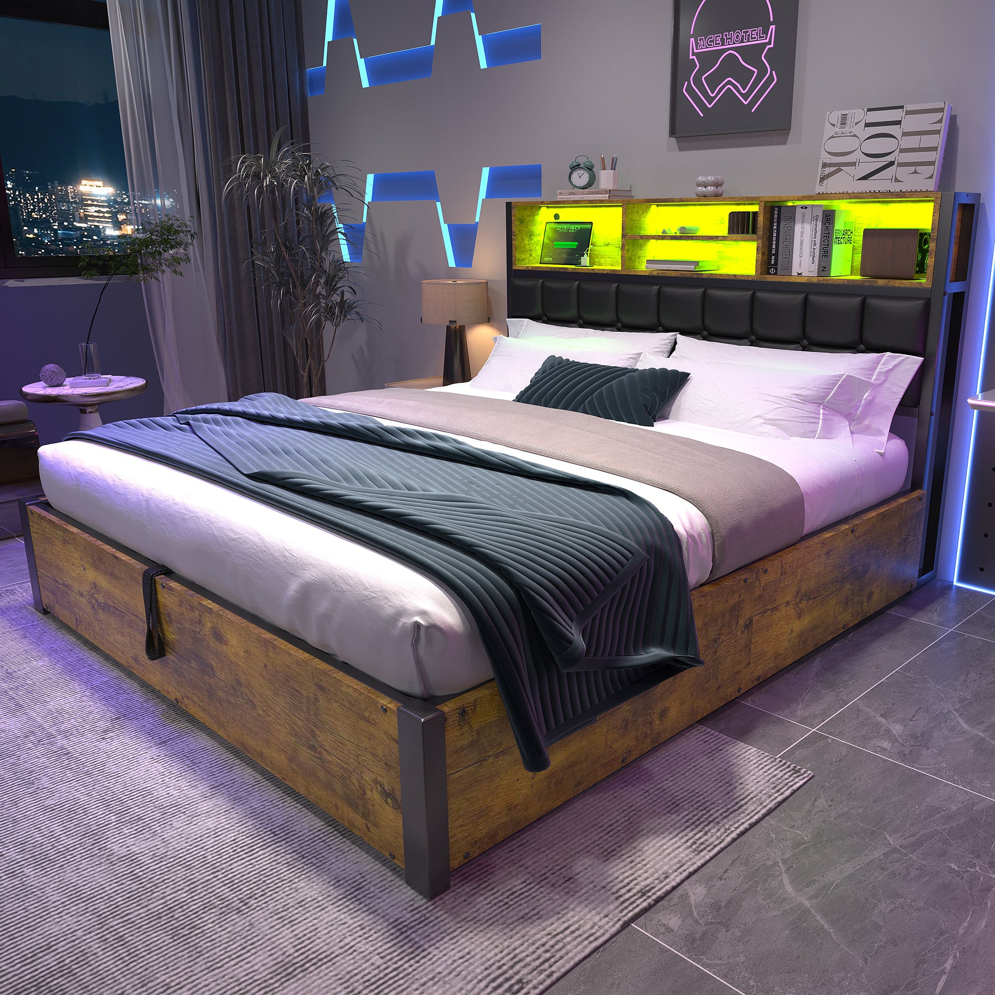 Hydraulic Bed with Charging Port, LED Light & Storage, 4ft6 Double, Black + Wood