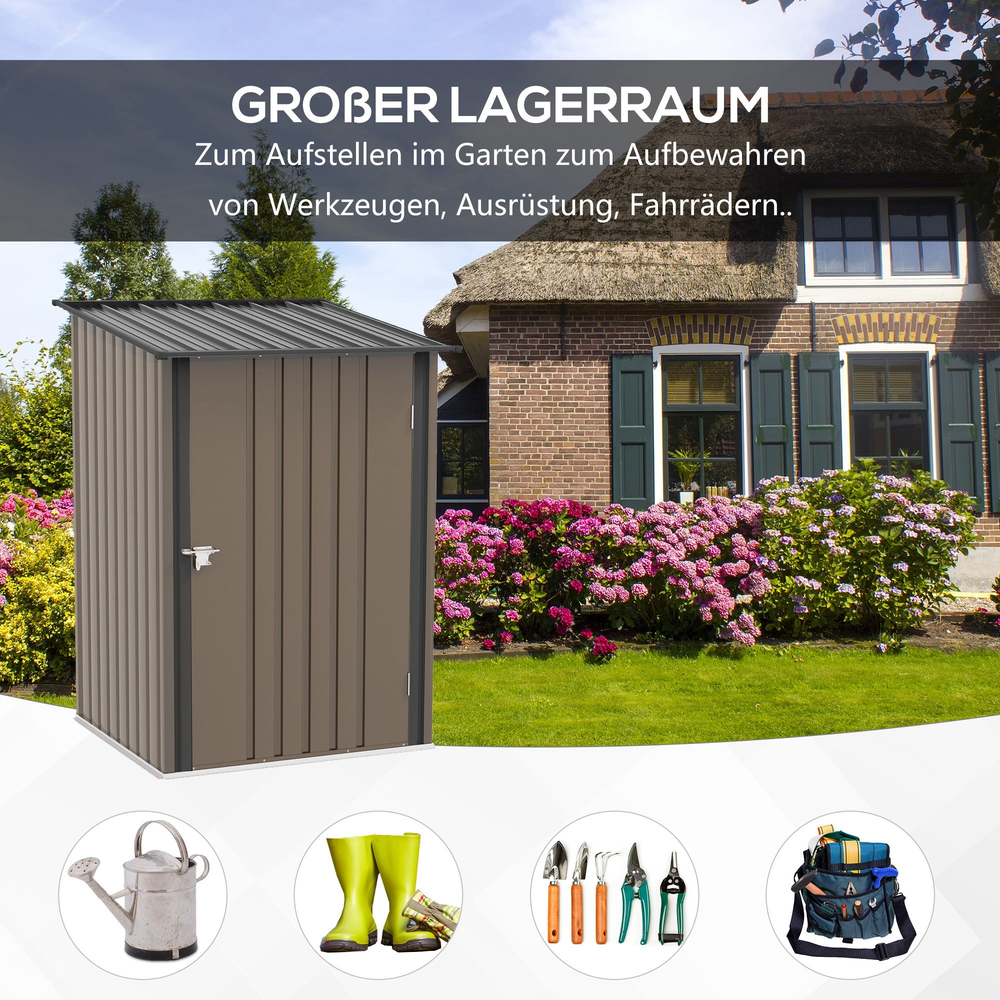 steel tool shed with pent roof and lockable garden cabinet, brown