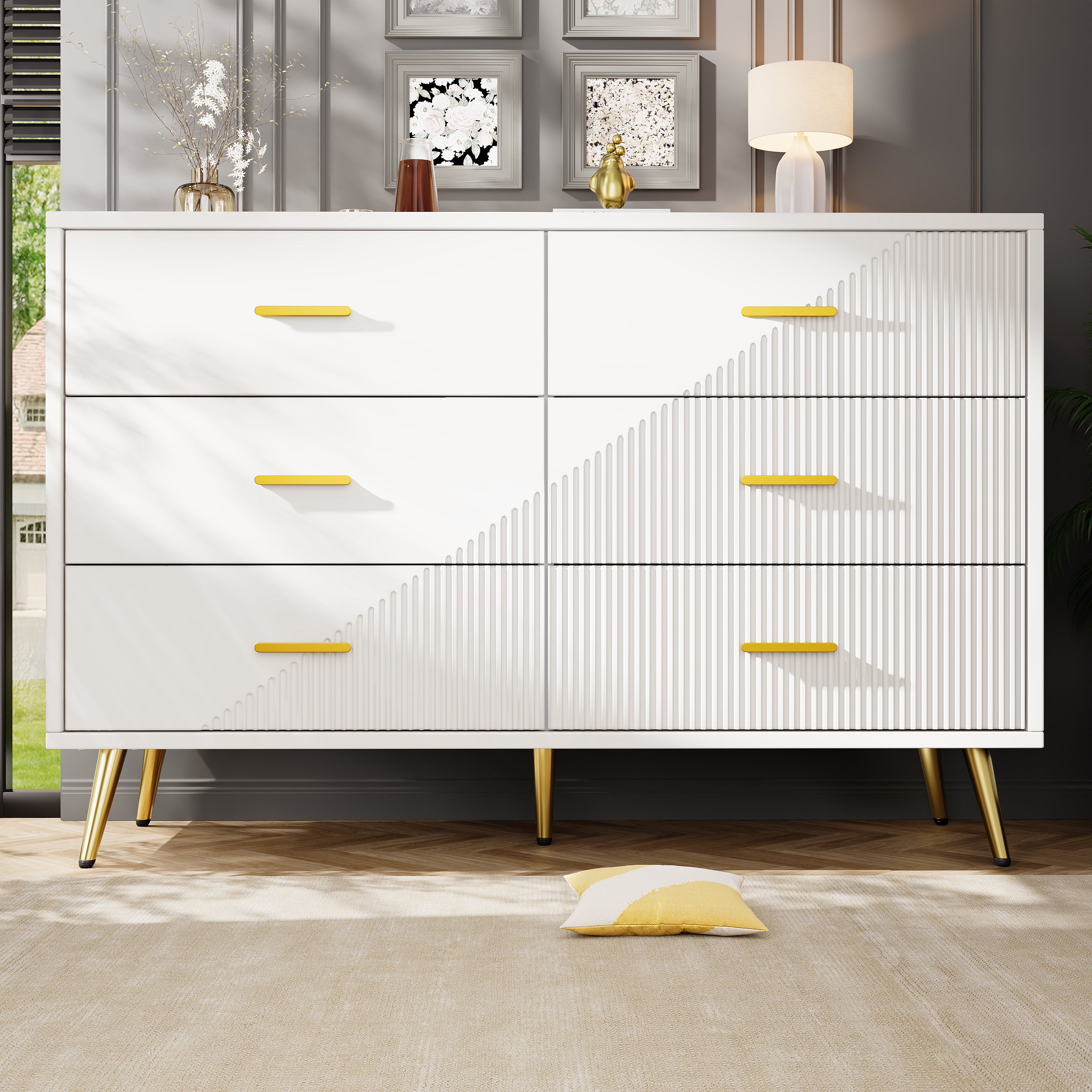 Chest of Drawers, 6-Drawer Cabinet with Golden Legs, White