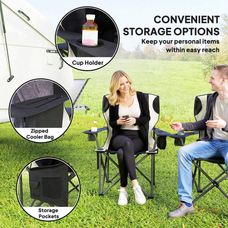 Set of 2 Folding Camping Chairs, Padded with Cooler Bag, Cup Holder, Black