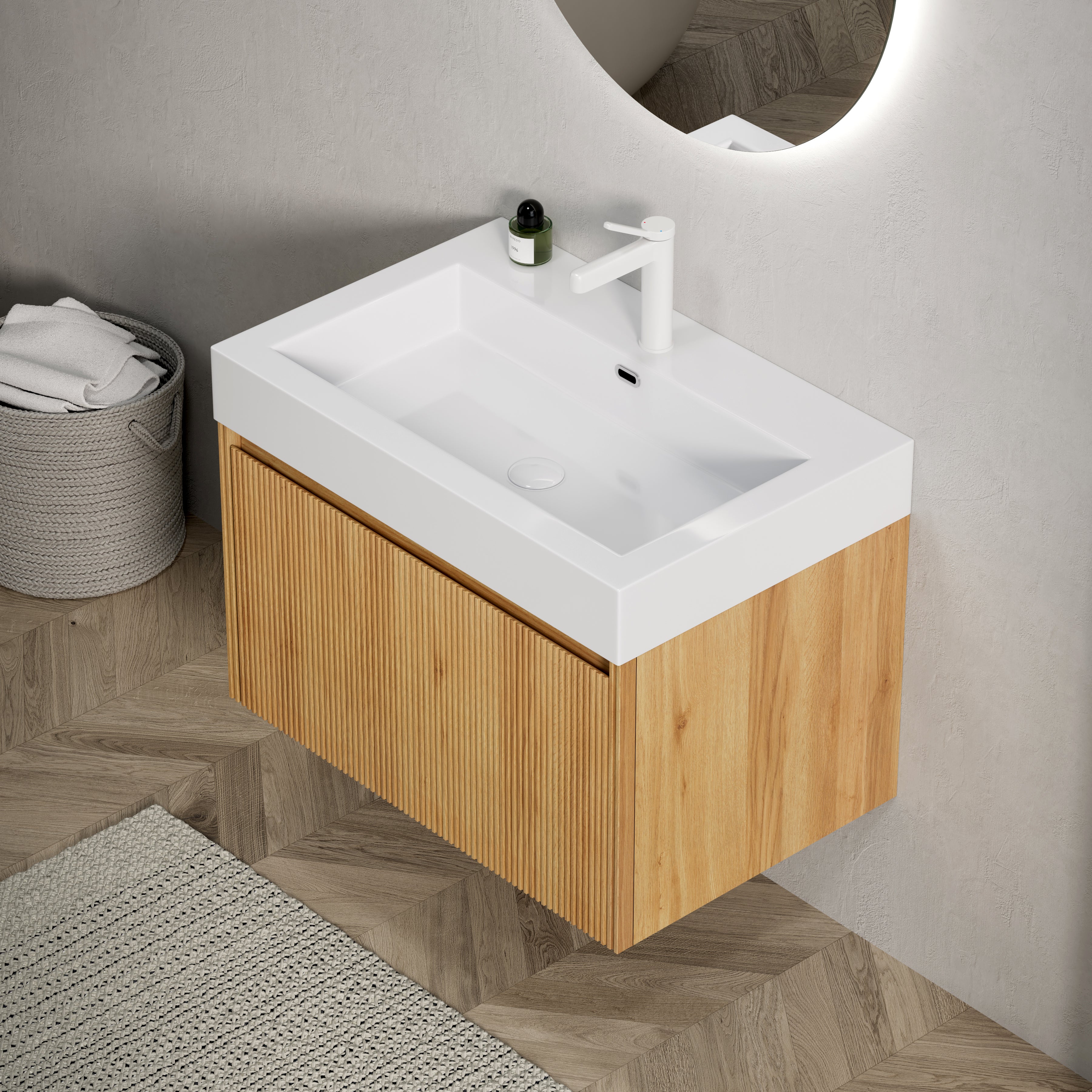 Wall-Mounted Bathroom Vanity Unit with Resin Basin and Drawer, Natural Wood Grain