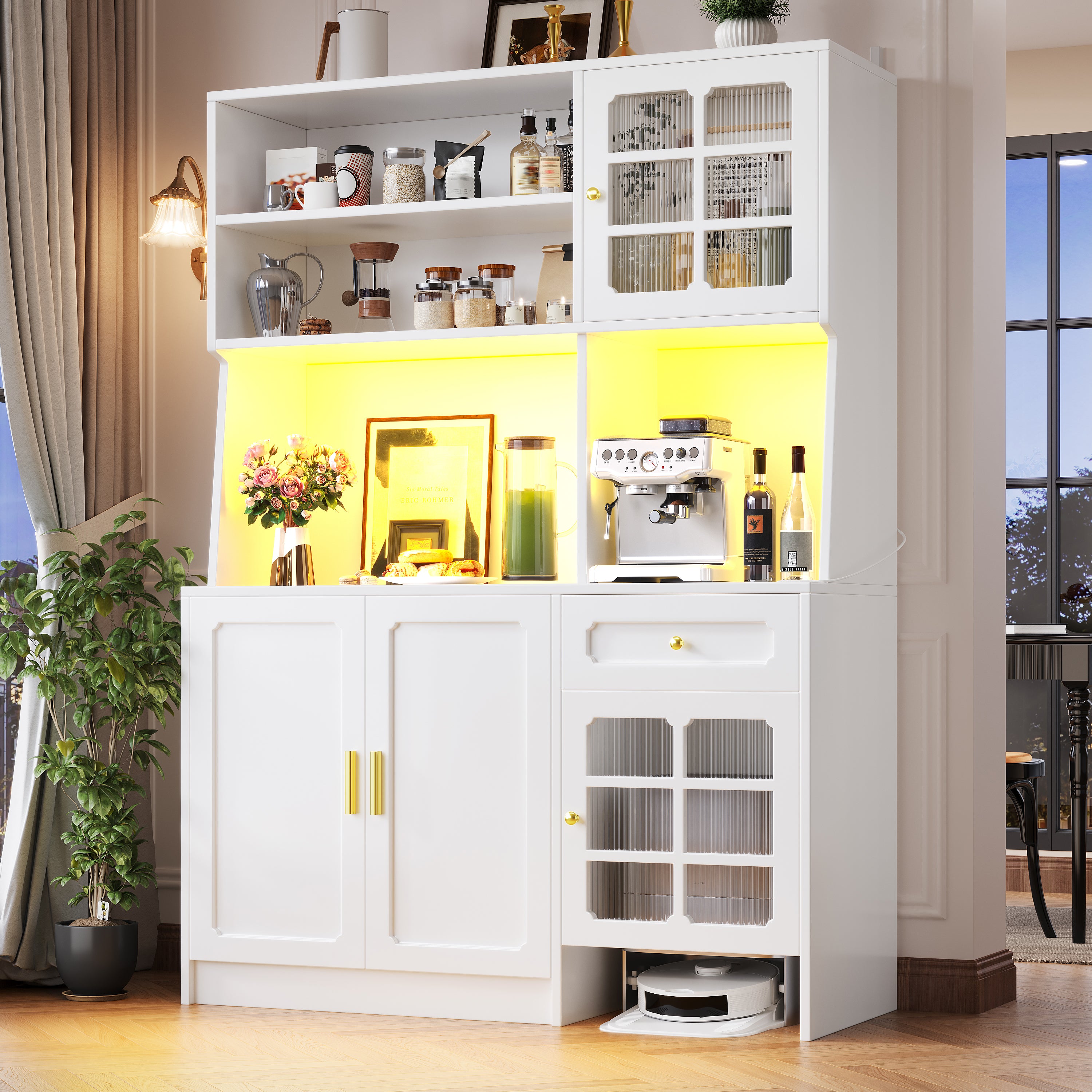 Tall Kitchen Cabinet with Glass Doors and LED Lighting, White