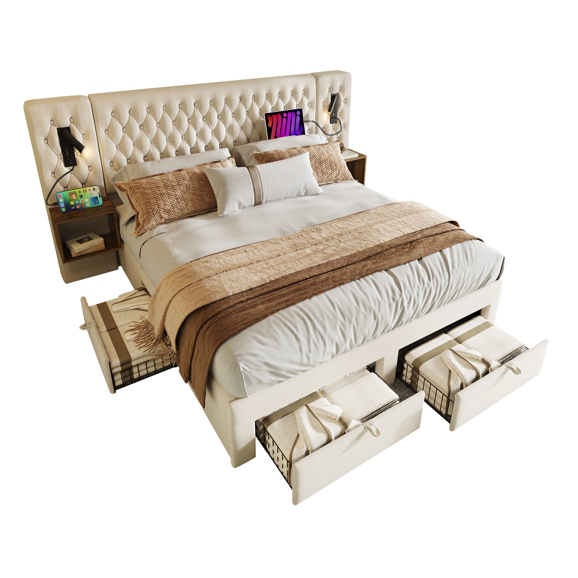 Bedroom Set, Upholstered Double Bed 180x200cm with 2 Nightstands, 4 Drawers, Headboard Reading Light, USB Charging, Beige Velvet