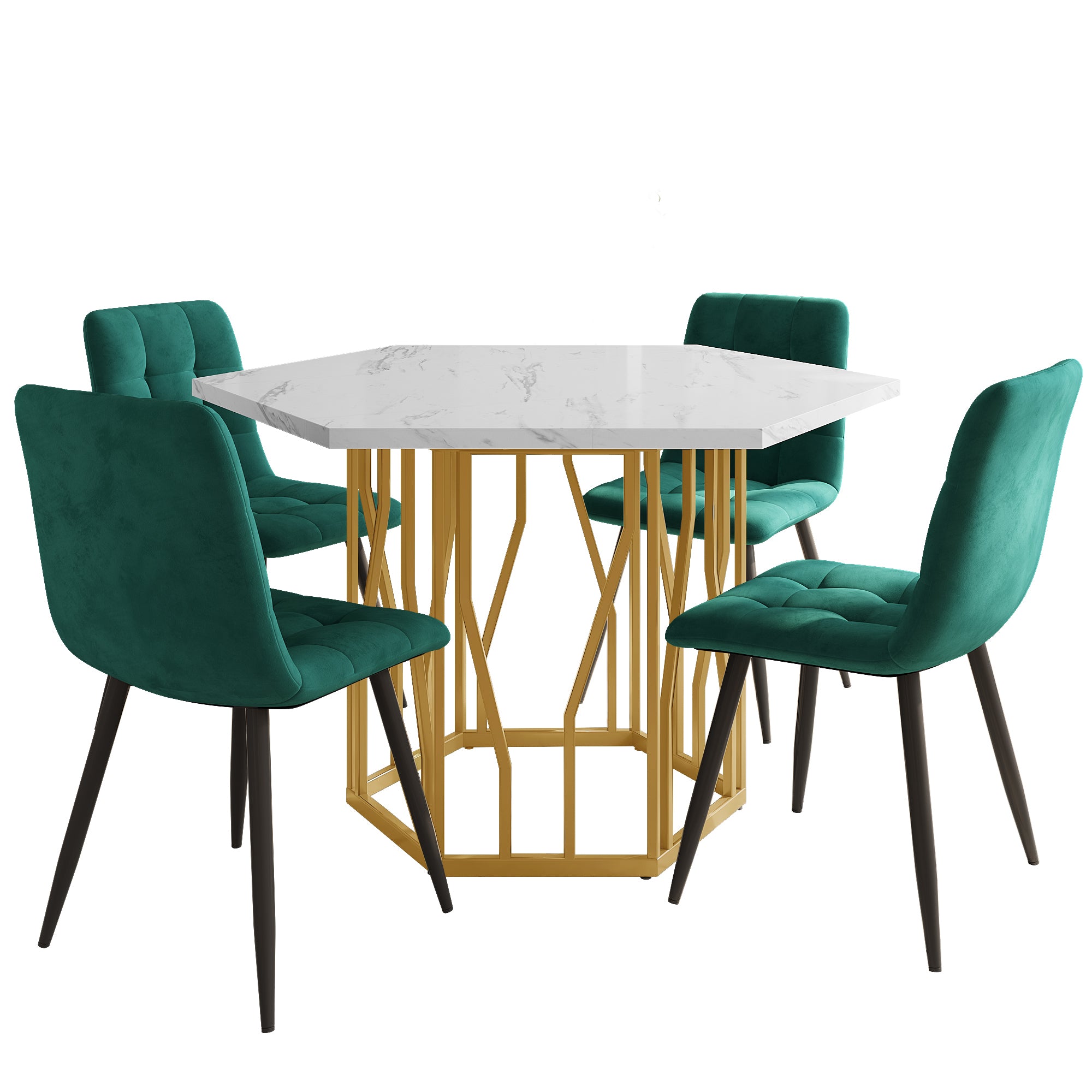 Dining Set (5-Piece) Modern Hexagonal Marble Table 4 Green Velvet Chairs Gold Legs