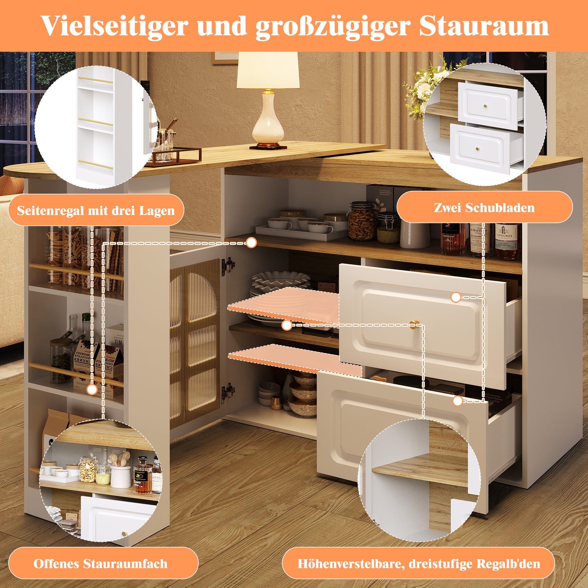 Rotating Dining Bar Sideboard 360° Swivel with 2 Drawers Snack Shelf Curved Glass White