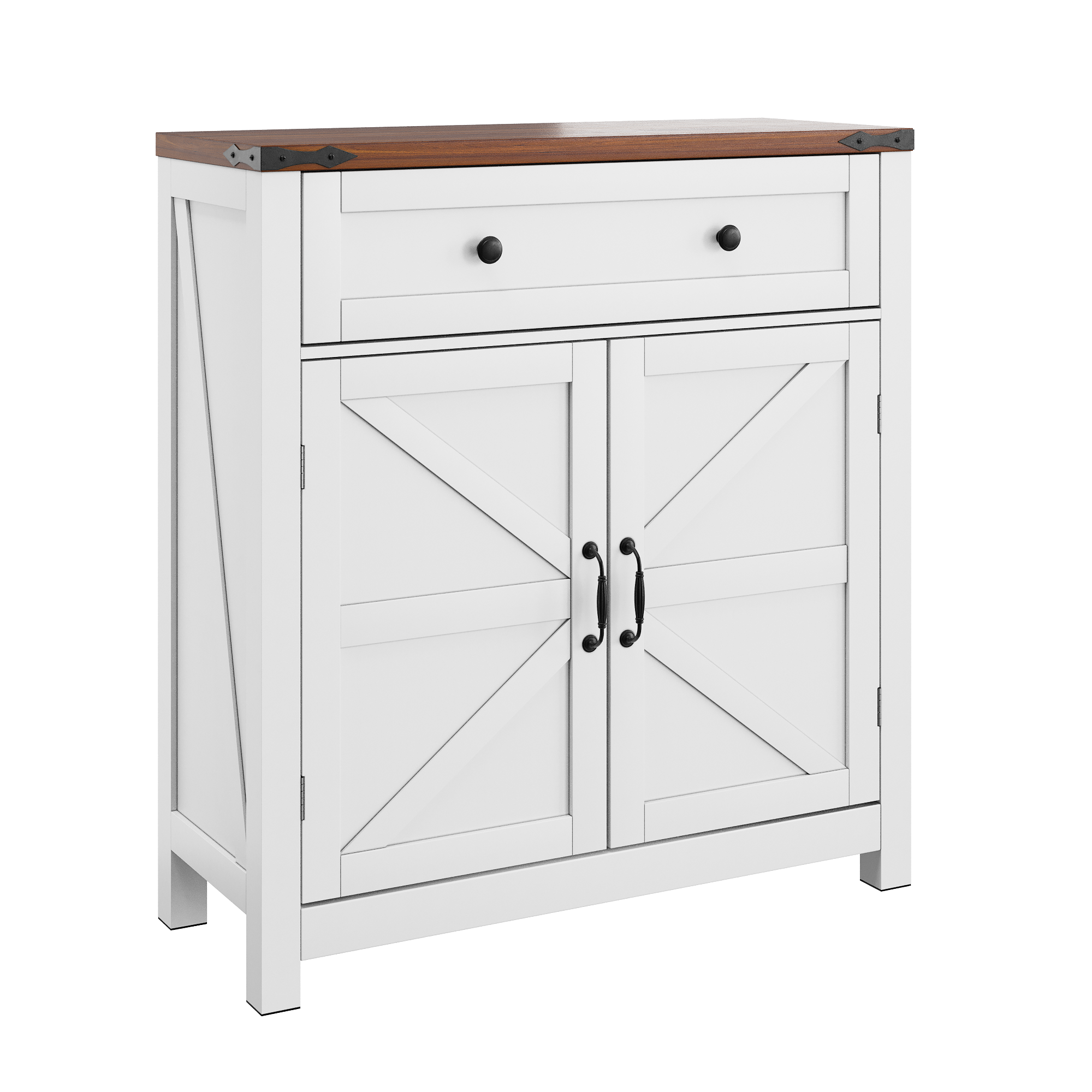 White cabinet with wooden top on a white background