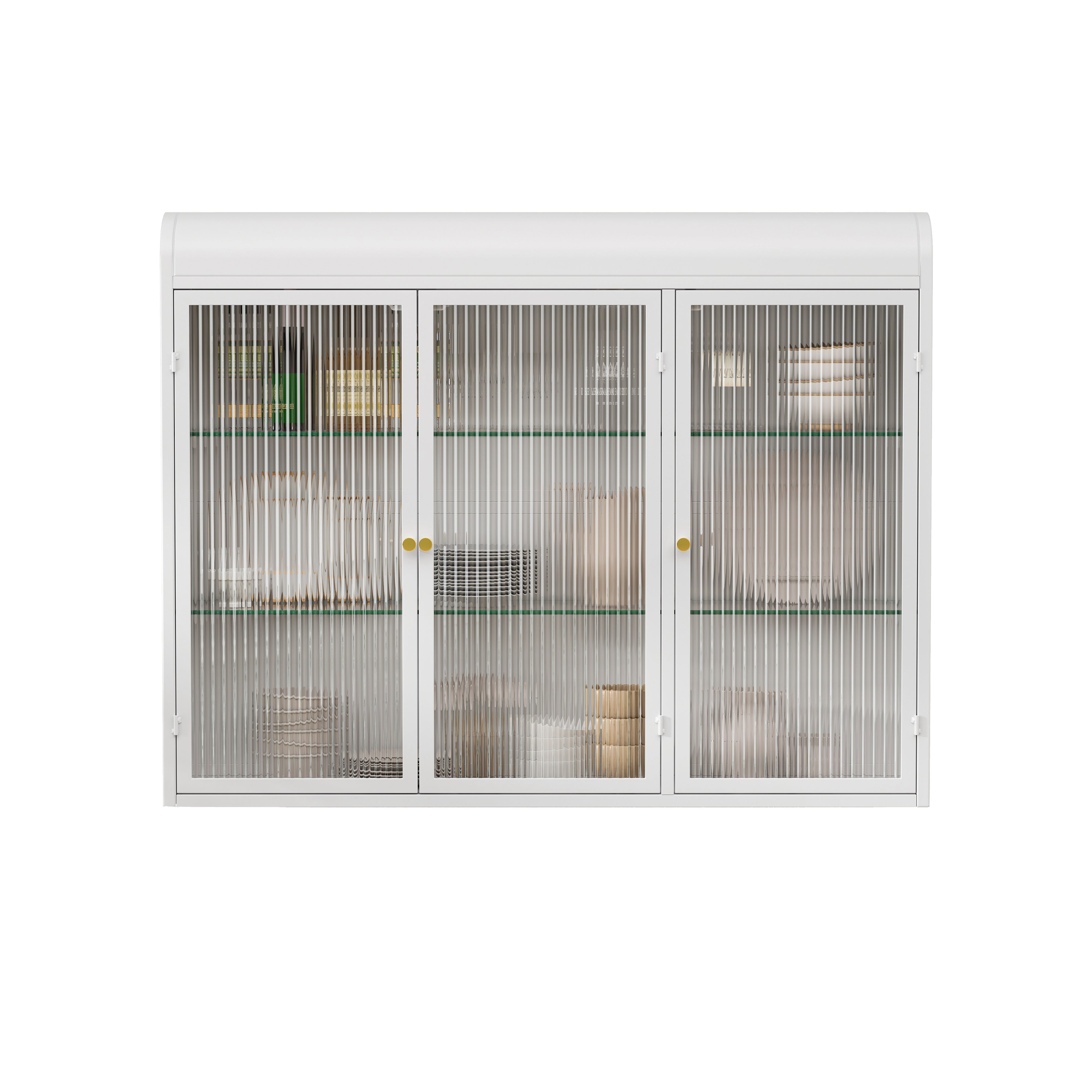 3 Door Arched Wall Mounted Cabinets for Kitchen, Living Room, Bathroom, White Glass