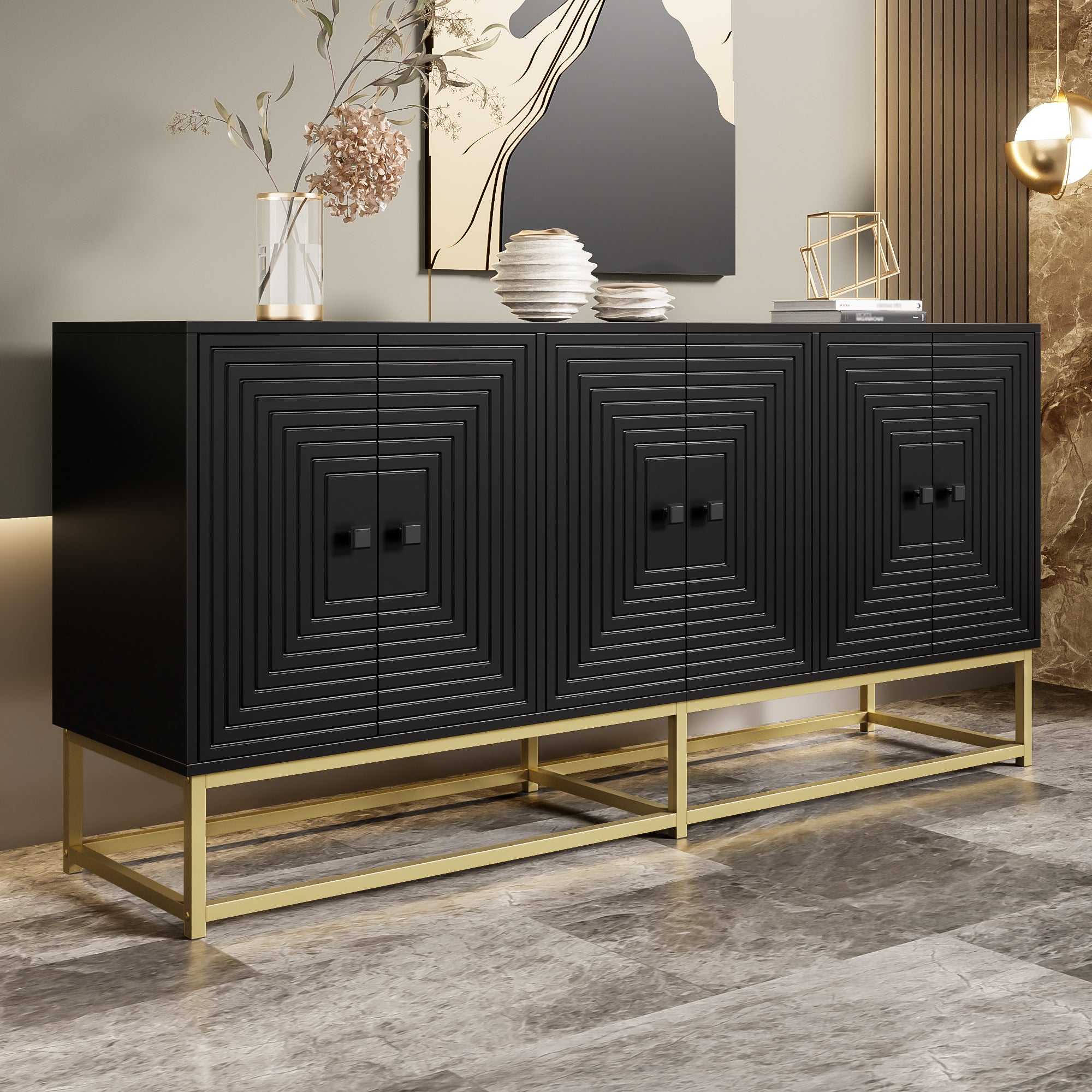 Storage Cabinet Sideboard with 3 Double Doors, Large Storage, Matte Black