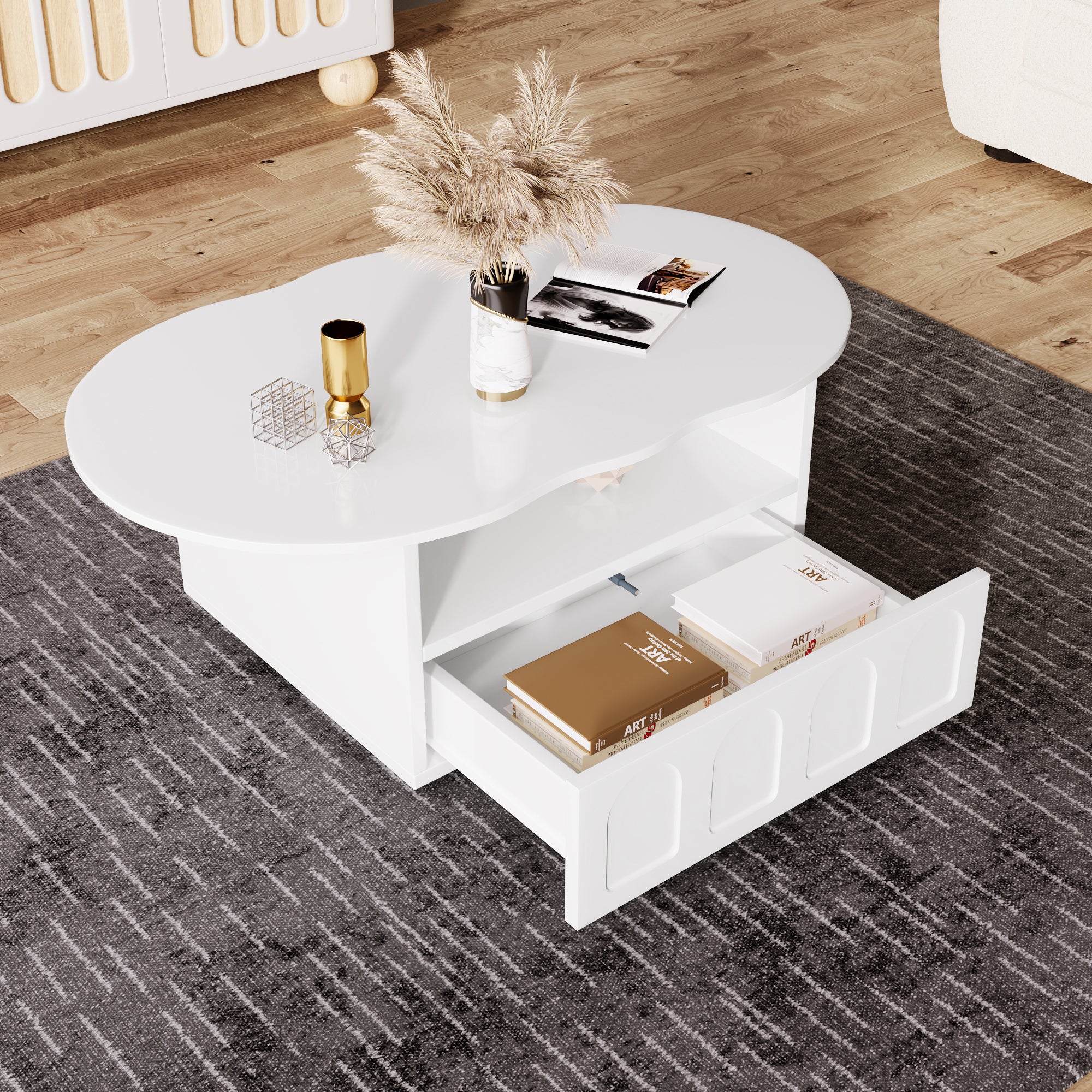 Coffee table, cloud-shaped with drawers and storage compartments