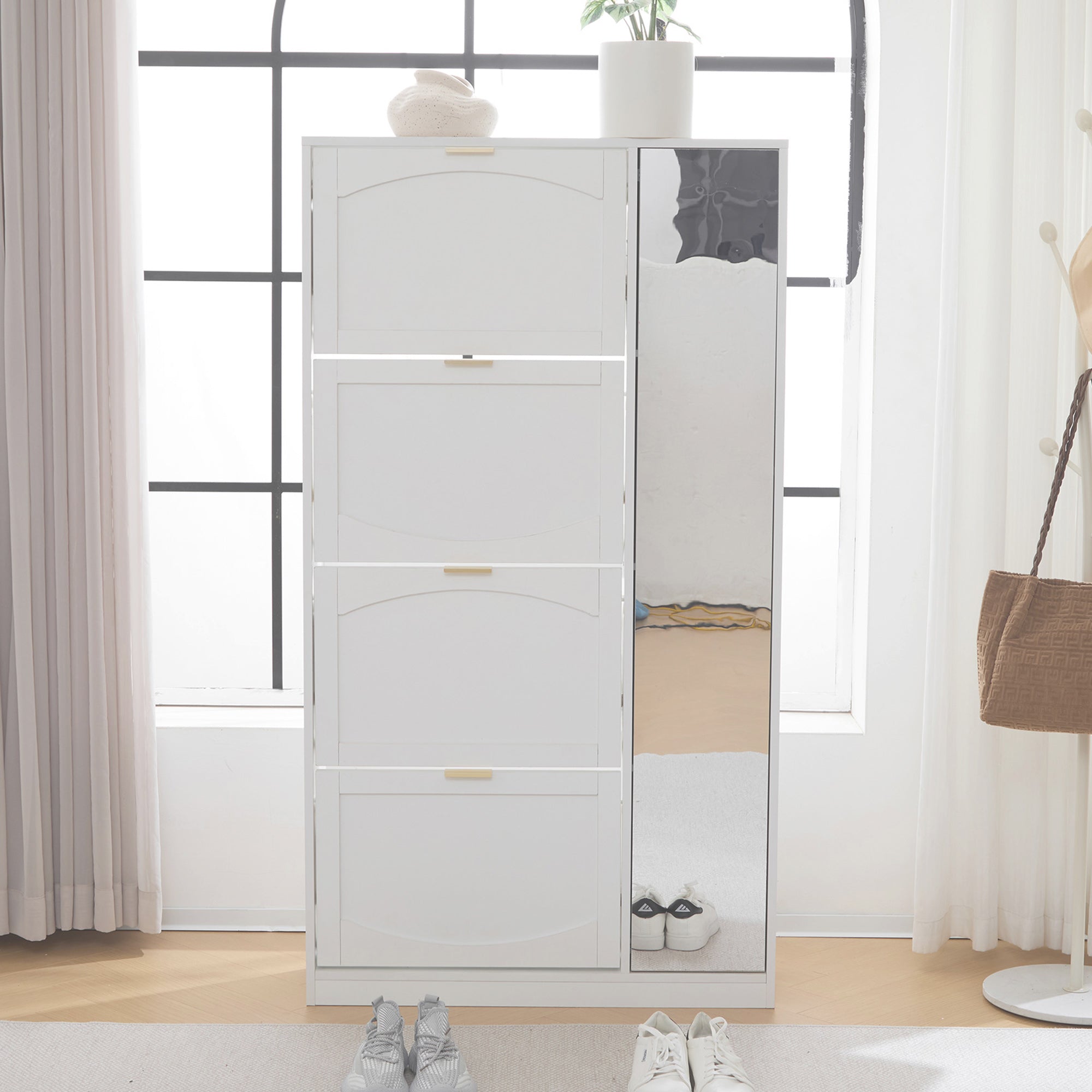 Modern Shoe Cabinet with Mirror, 4 Fold-Down Compartments, Adjustable Shelf, White