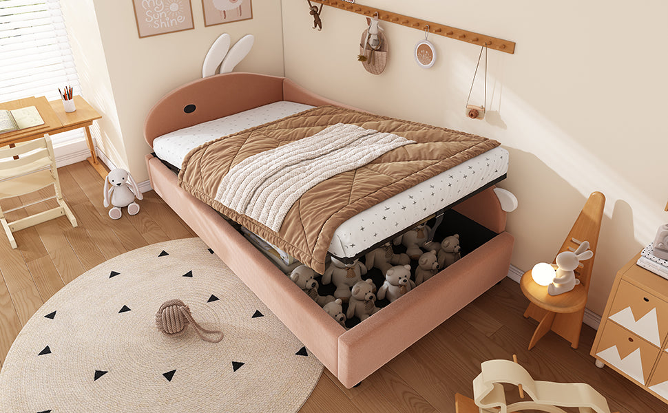 Upholstered Bed, Single Children's with Bunny Headboard & Hydraulic Storage, Velvet Pink+White