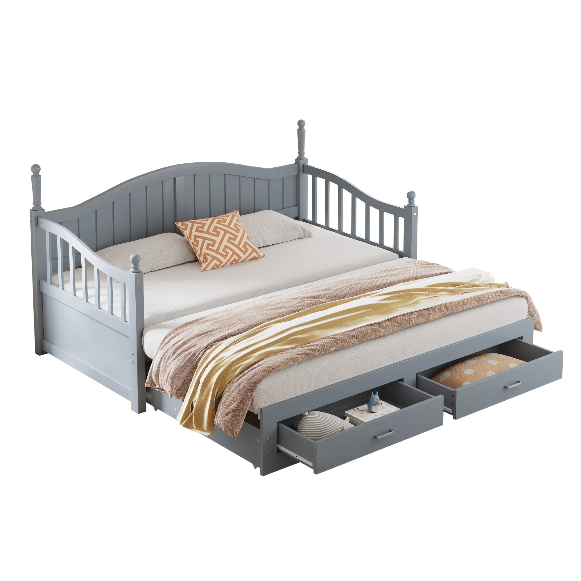 Pull-Out Sofa Bed, Solid Wood with Drawers & Slatted Frame, Pine Wood, Grey