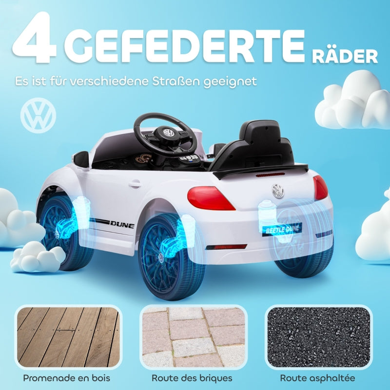 AIYAPLAY Electric Ride-On Car, VW Beetle, 3-5 km/h, with remote control and music, white