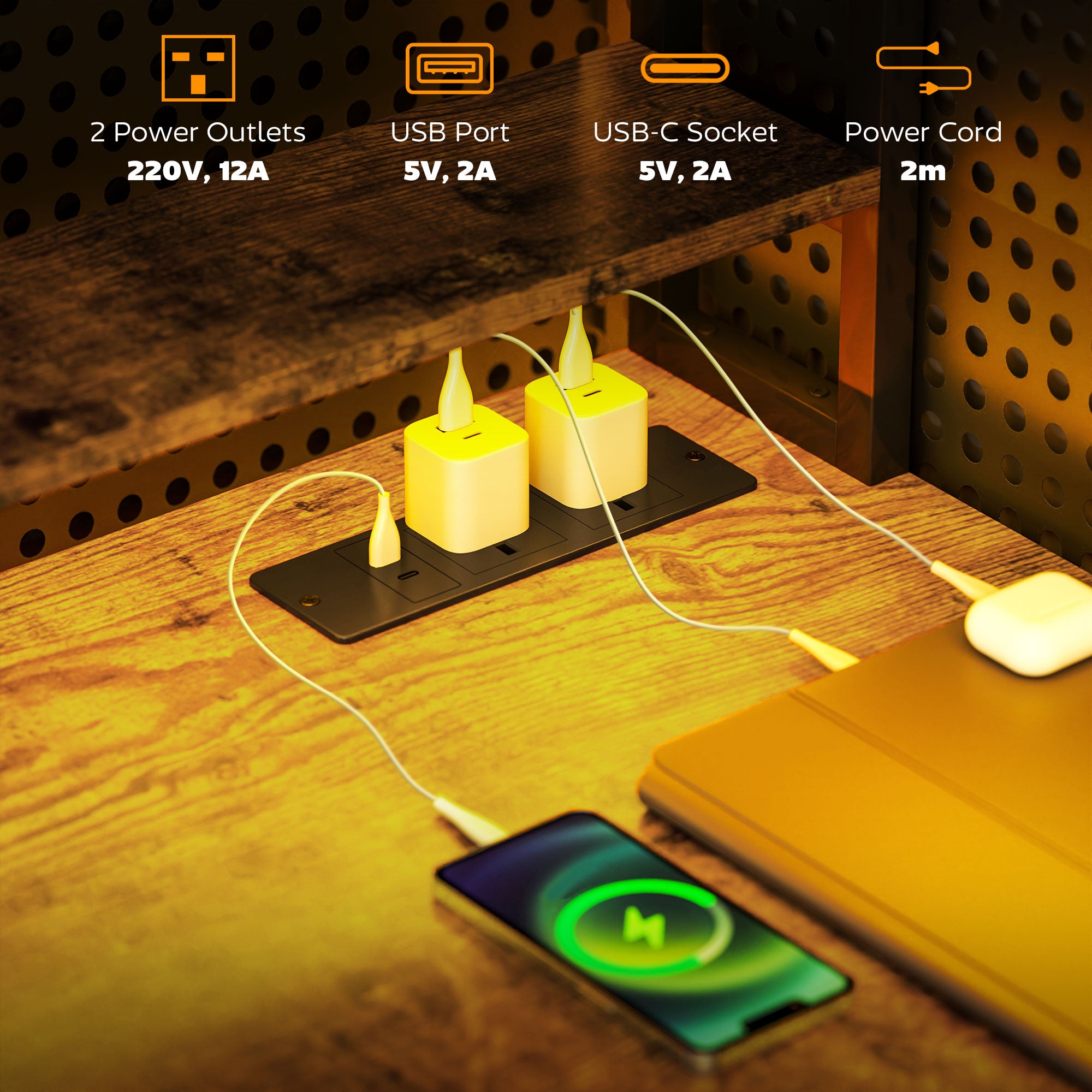 Computer Desk with Power Outlets, LED Lights, Hutch, Storage Shelves, Rustic Brown