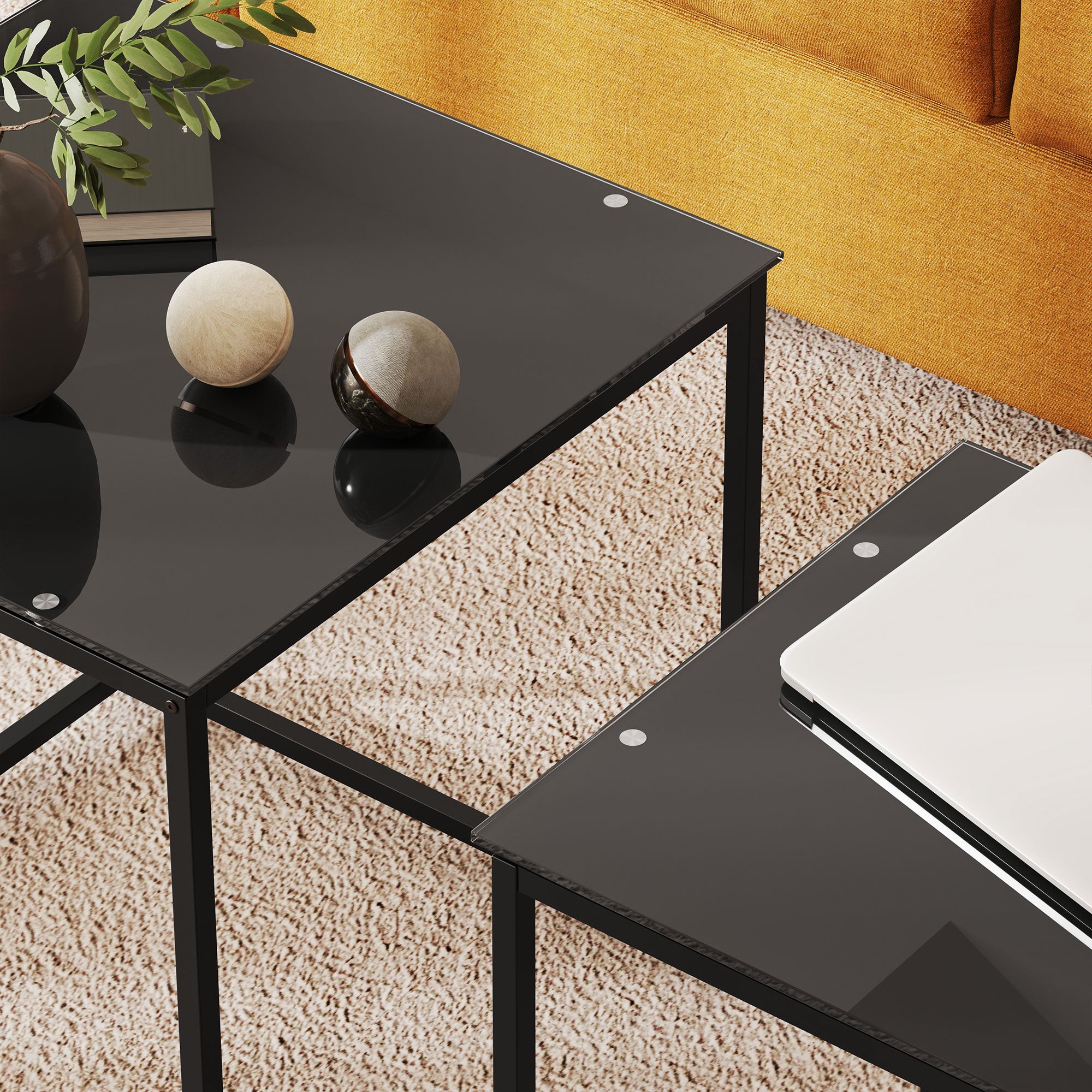 Side Table Set of 2, Coffee Table with Glass Top, Square, Black Steel