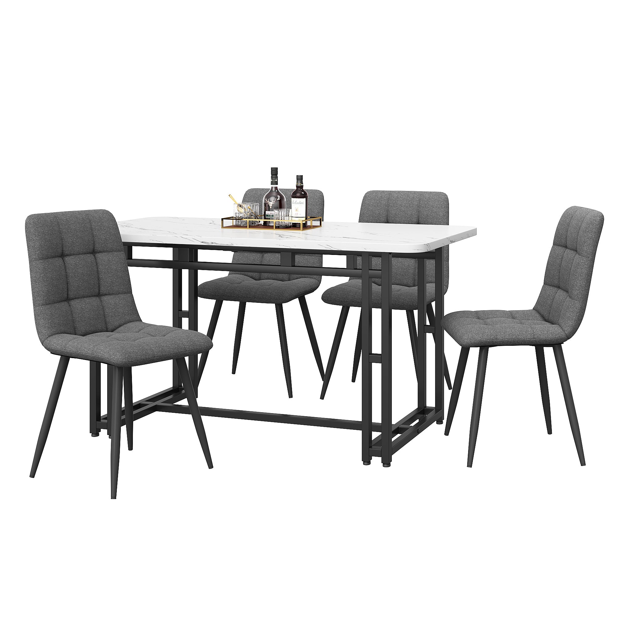 Dining Table Set, 120x70cm with 4 Chairs, Dark Grey Linen & Black Iron