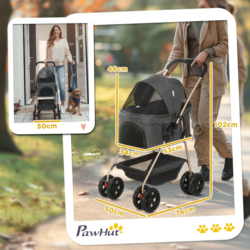 Pet Stroller 3-in-1 Folding with 4 Wheels, Removable Carrier, Grey